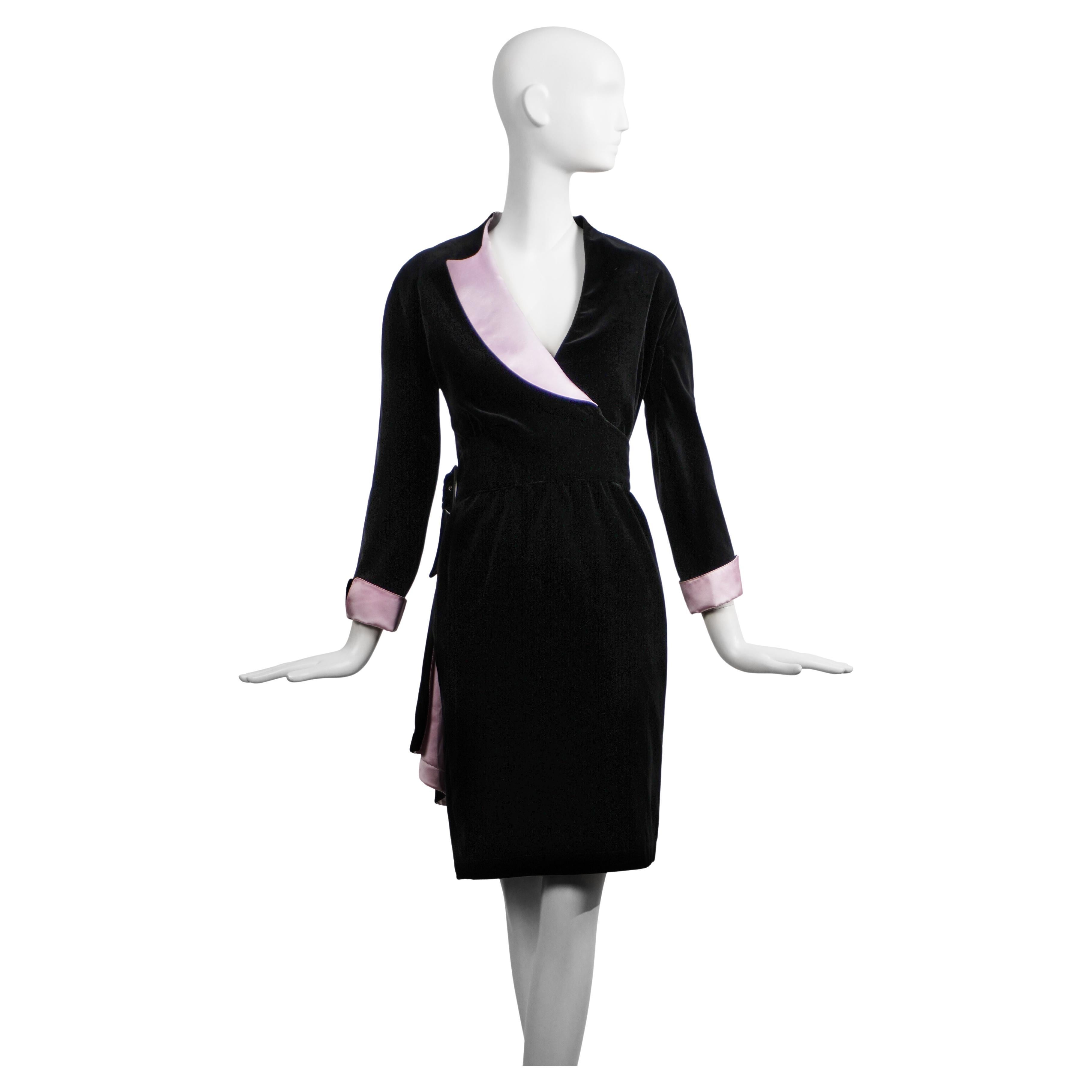 Thierry Mugler 1980s Velvet Wrap Dress with Pink Silk Accents FR38 For Sale