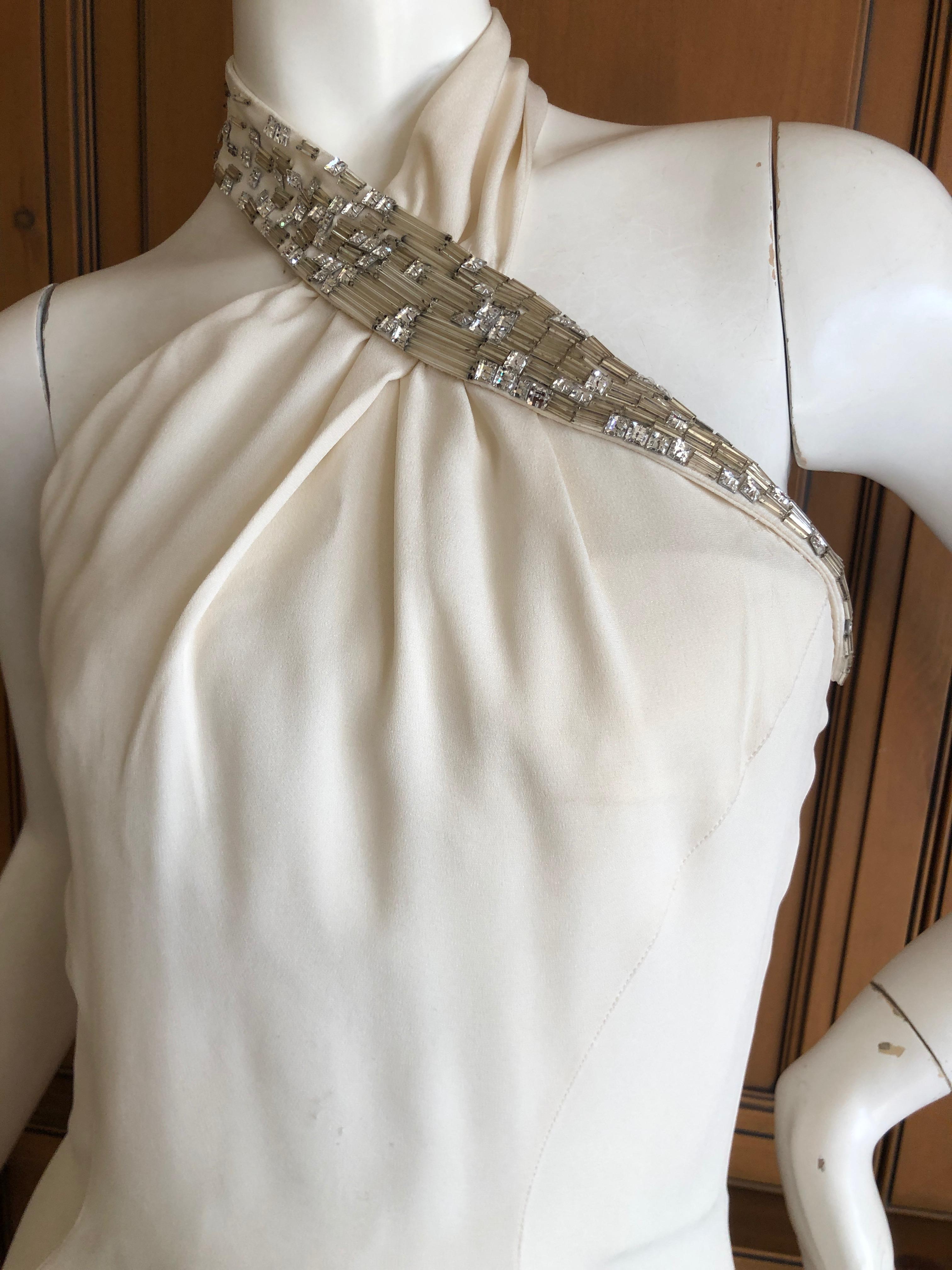 Thierry Mugler 1980's Vintage  Ivory Halter Dress with Crystal Embellished Yoke.
So pretty, connects behind the neck, with crystal and beadwork.
Size 38
  Bust 34