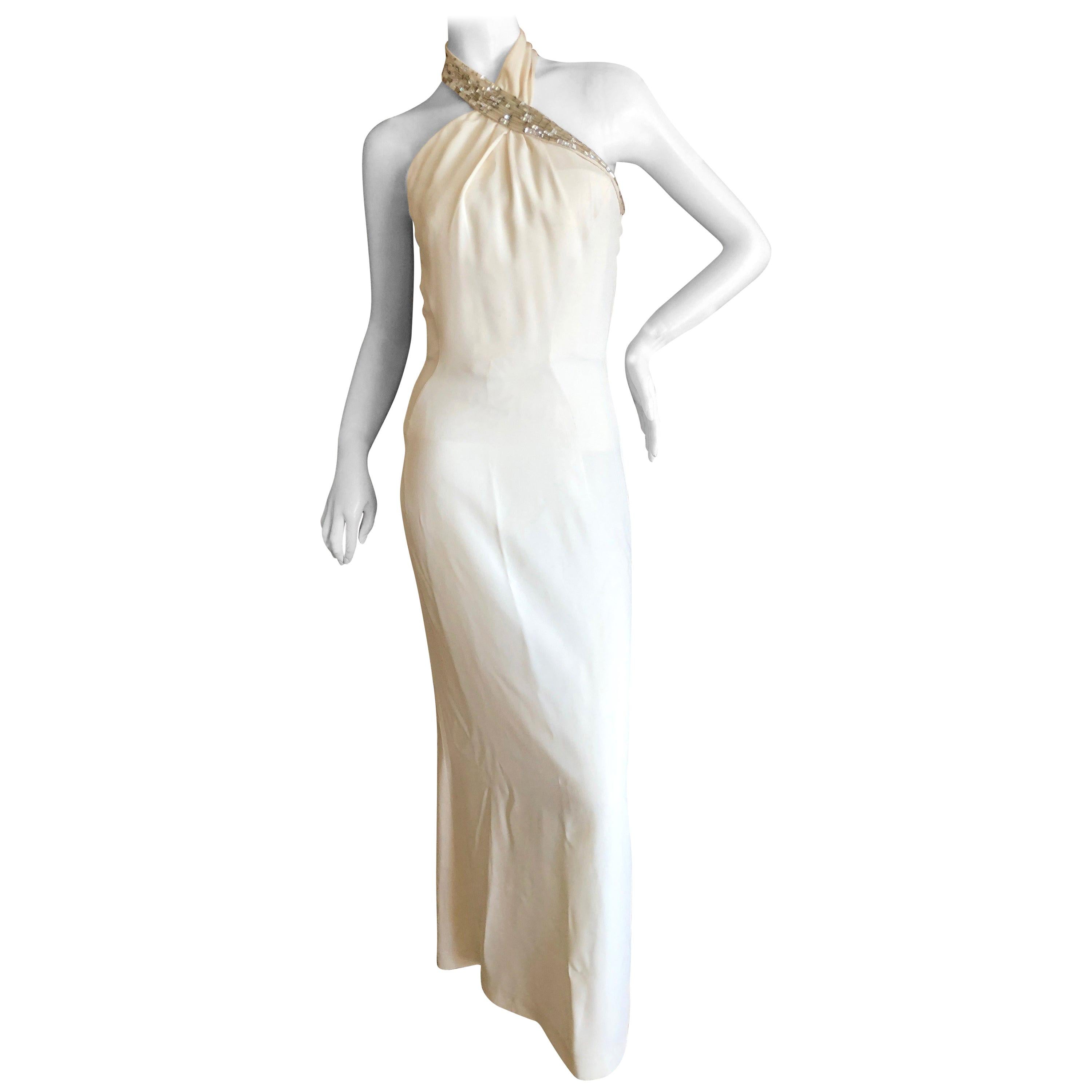 Thierry Mugler 1980's Vintage  Ivory Halter Dress with Crystal Embellished Yoke For Sale
