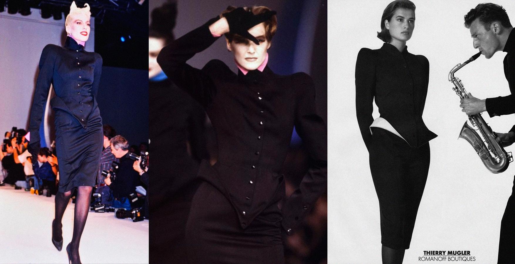 
Amazing rare Thierry Mugler piece 1989 Collection. Powerful sculptural shape.
Dramatic anthracite avant-garde jacket top with typical Mugler-esque silhouette,  fitted waist and exaggerated details at the waist/hips.   This construction is really