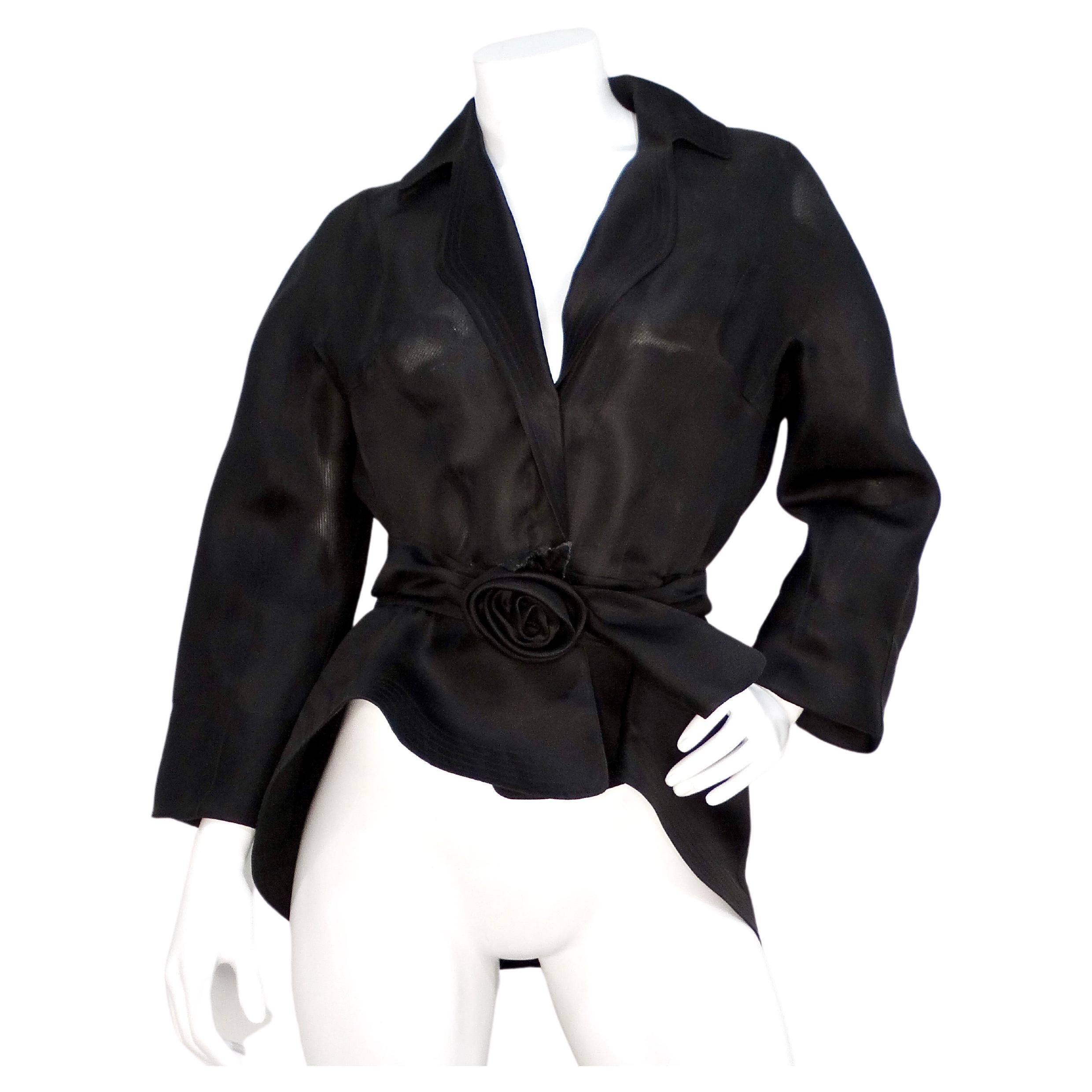 Thierry Mugler 1990s Giacca con cintura in seta nera e rosa trasparente in vendita