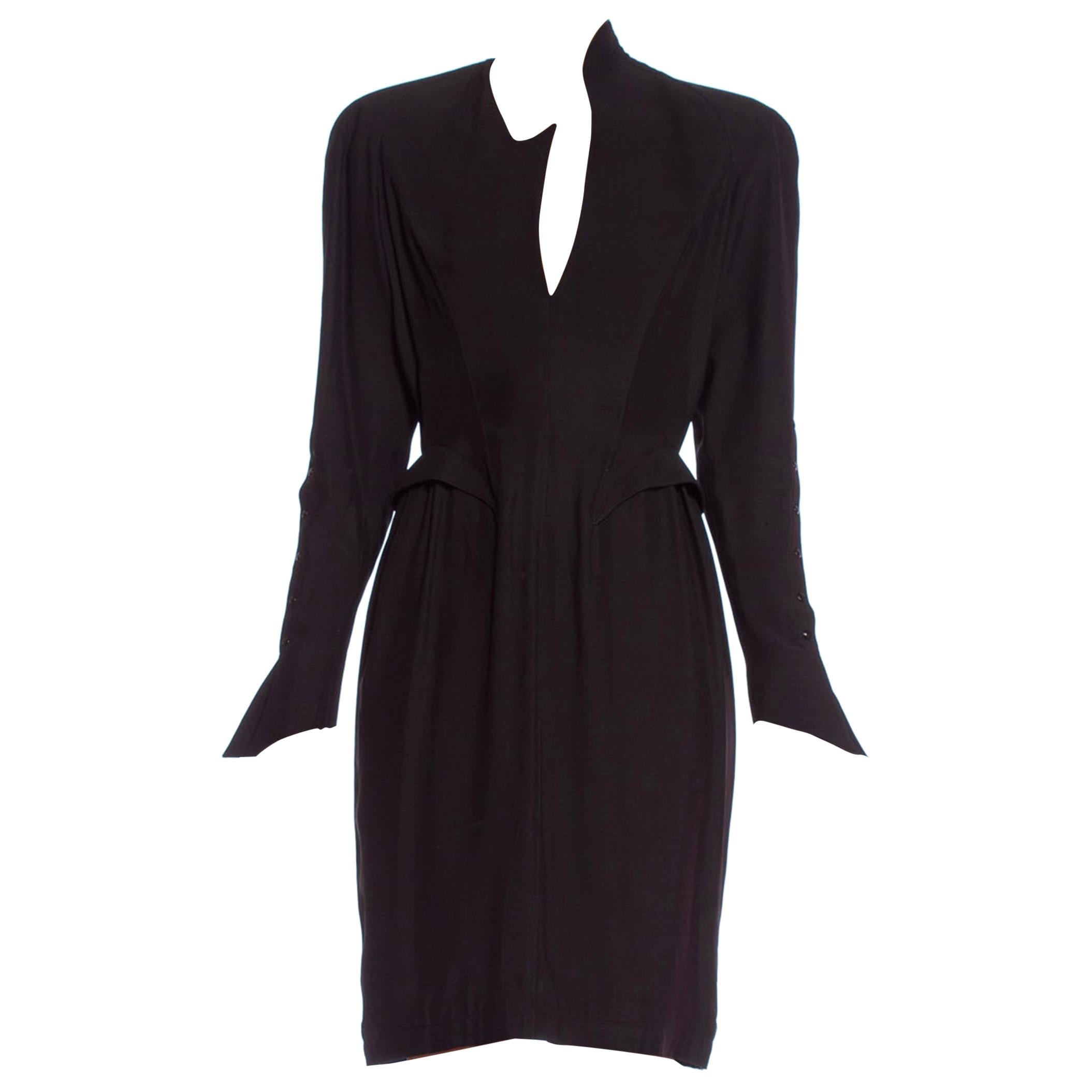 1990'S THIERRY MUGLER Black Silk Long Sleeve Dress For Sale