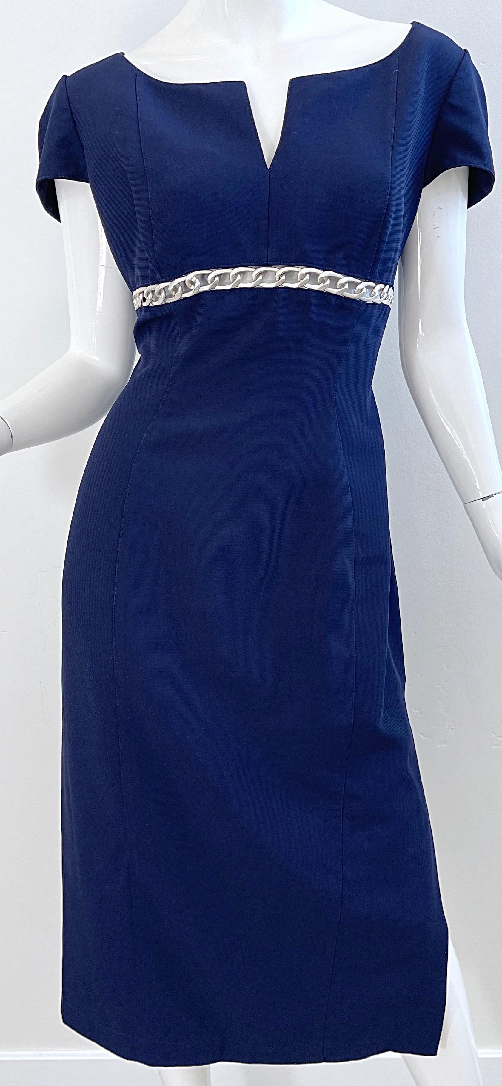 Thierry Mugler 1990s Size 44 / 10 12 Navy Blue Chain Cut - Out Vintage 90s Dress In Excellent Condition In San Diego, CA