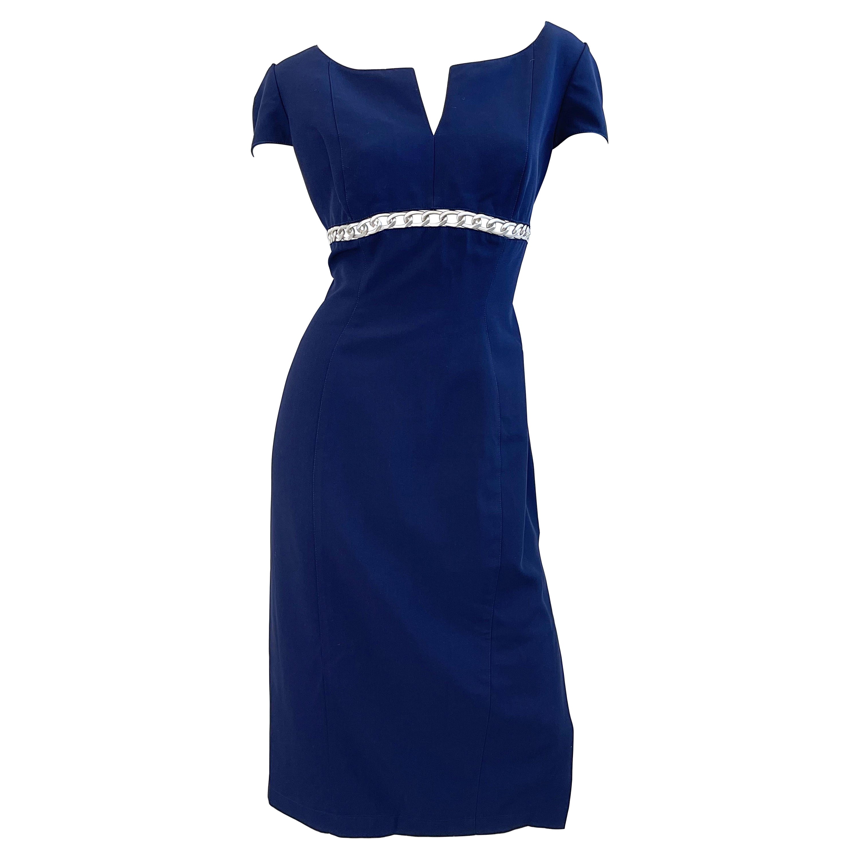 Thierry Mugler 1990s Size 44 / 10 12 Navy Blue Chain Cut - Out Vintage 90s Dress
