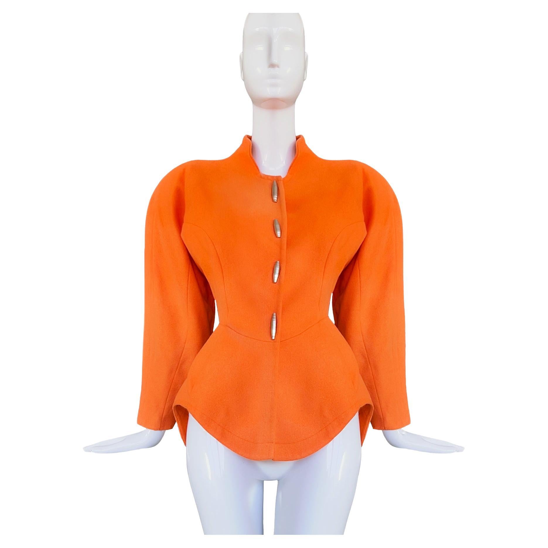 Thierry Mugler 1991 Documented Sculptural Orange Jacket with Metal Details For Sale