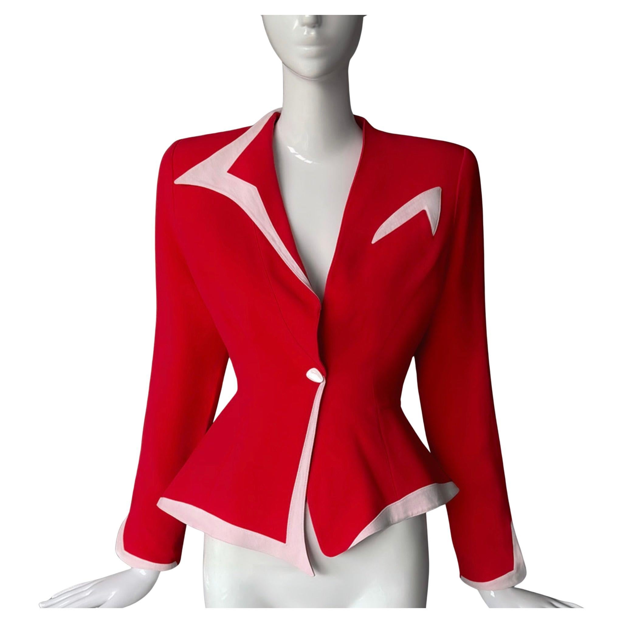 Thierry Mugler 1993 Jacket Red White Stunning Sharp Silhouette