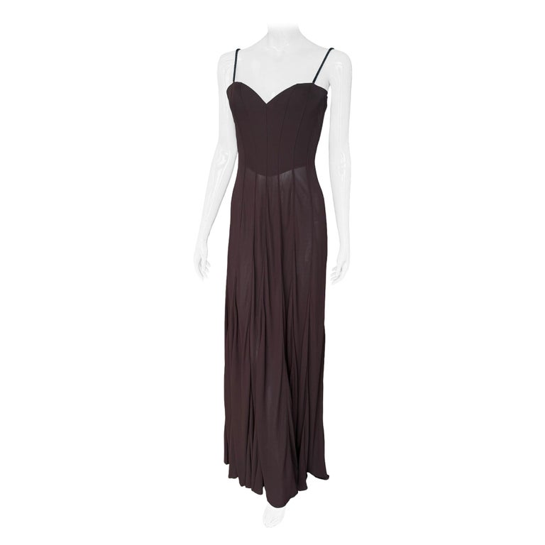 thierry mugler sheer dress Thierry Mugler Vintage 1998 Dark Brown Sheer Evening Gown with Corset
