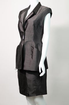 THIERRY MUGLER 1998 Textured Silk Skirt Suit Grey Futuristic Style