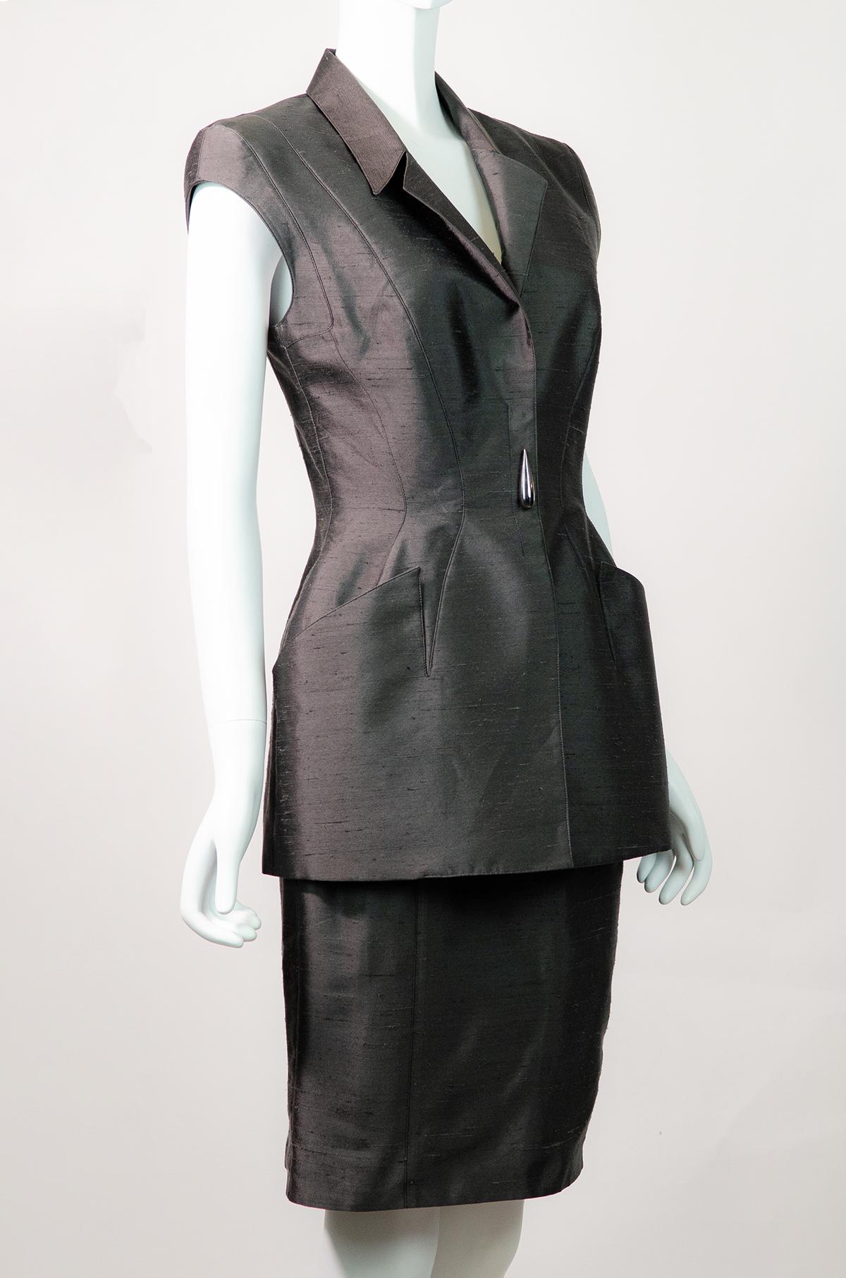 Women's THIERRY MUGLER 1998 Textured Silk Skirt Suit Grey Futuristic Style For Sale