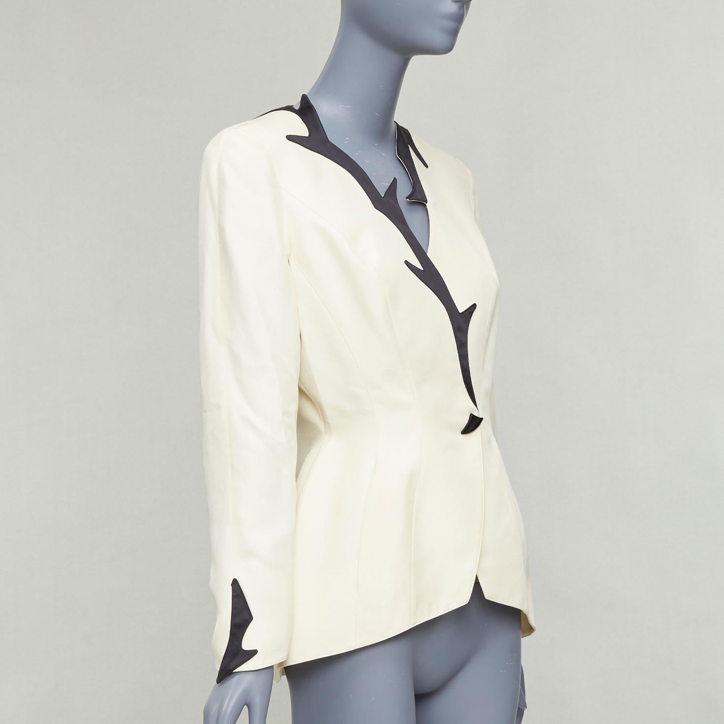 White THIERRY MUGLER 1998 Vintage off white cotton border collar peplum blazer FR40 L For Sale