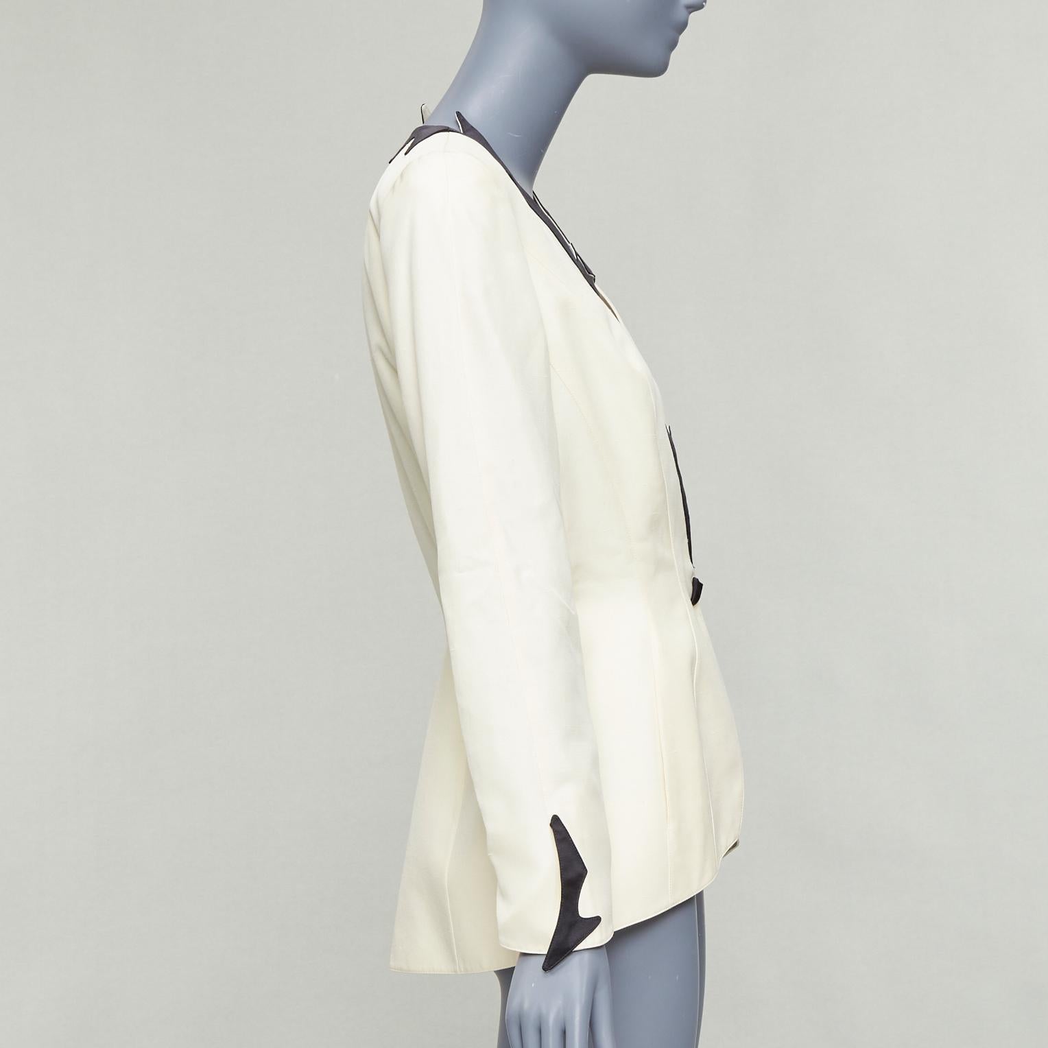 THIERRY MUGLER 1998 Vintage off white cotton border collar peplum blazer FR40 L In Good Condition For Sale In Hong Kong, NT