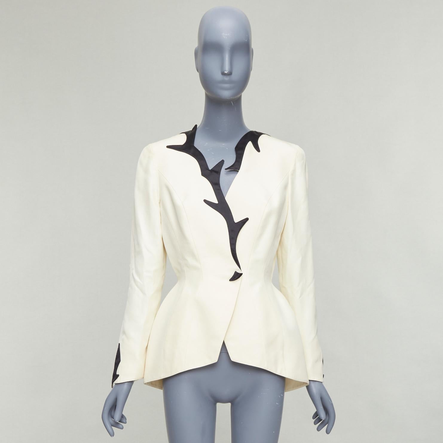 THIERRY MUGLER 1998 Vintage off white cotton border collar peplum blazer FR40 L For Sale 4