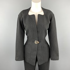 THIERRY MUGLER 8 Grey Striped Wool Silver Brooch Button Pants Suit