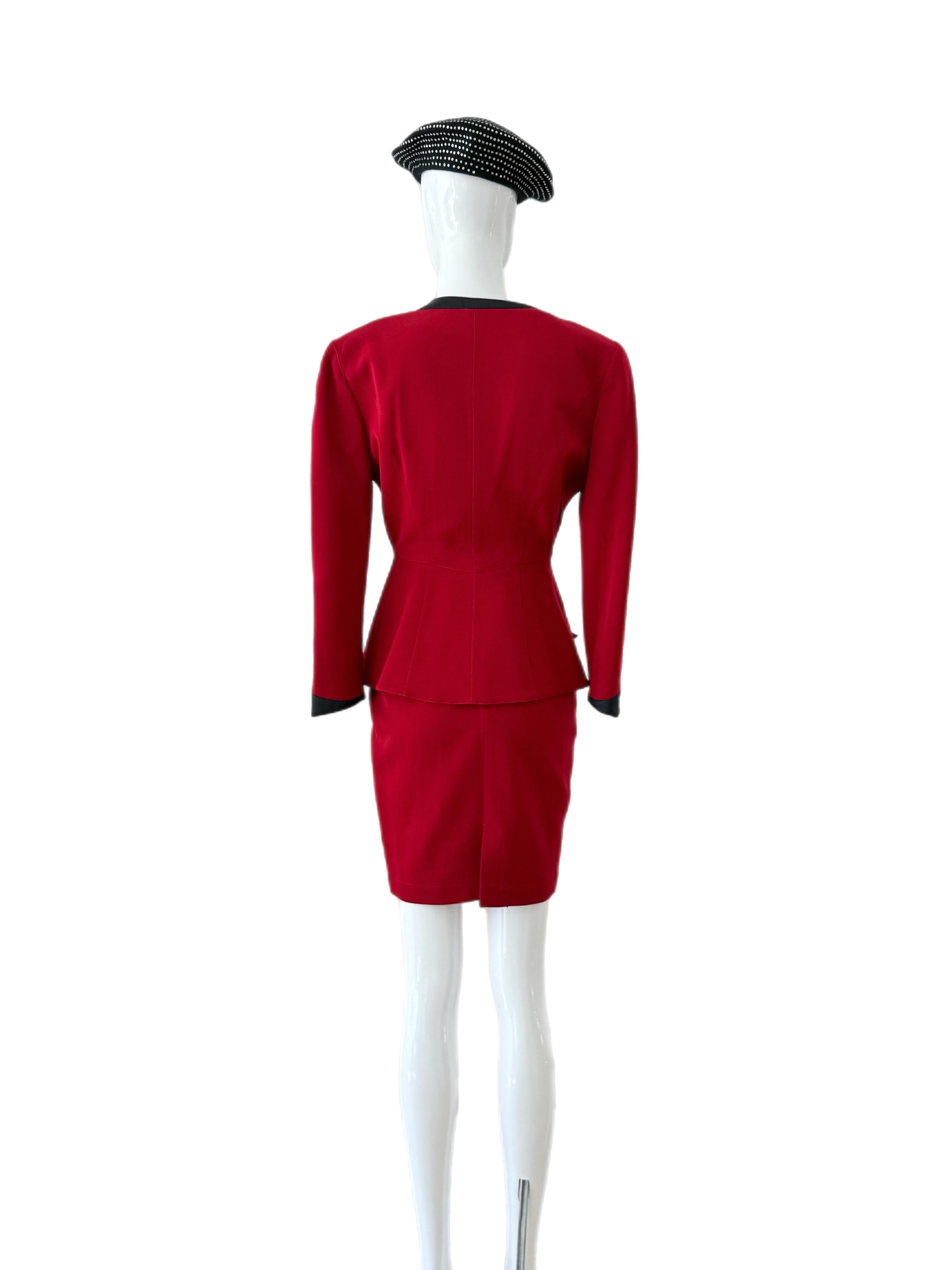 THIERRY MUGLER 80s/90s Vintage Cut-Out Skirt Suit Set Red + Black Cinched Waist For Sale 6