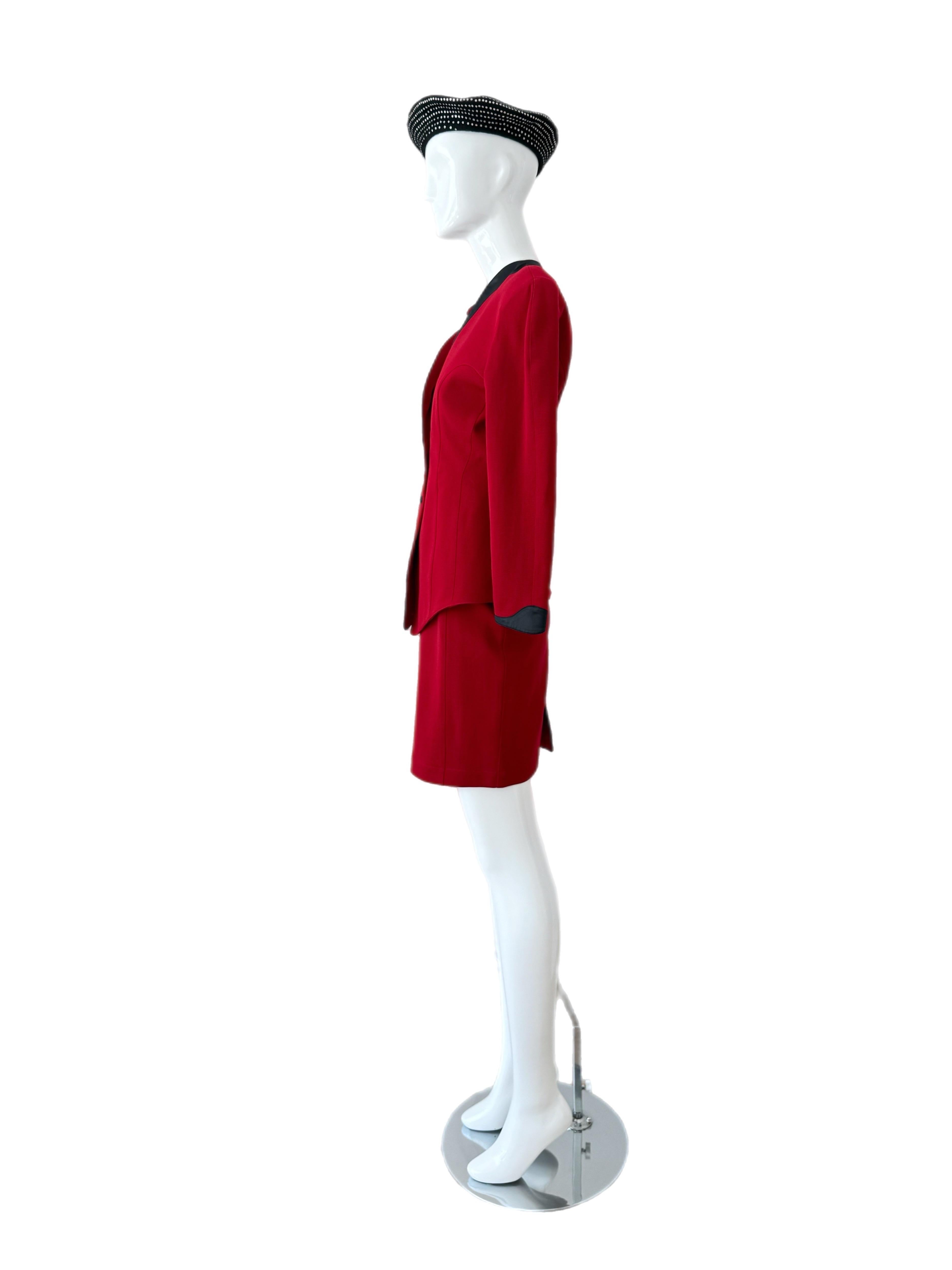 THIERRY MUGLER 80s/90s Vintage Cut-Out Skirt Suit Set Red + Black Cinched Waist For Sale 8