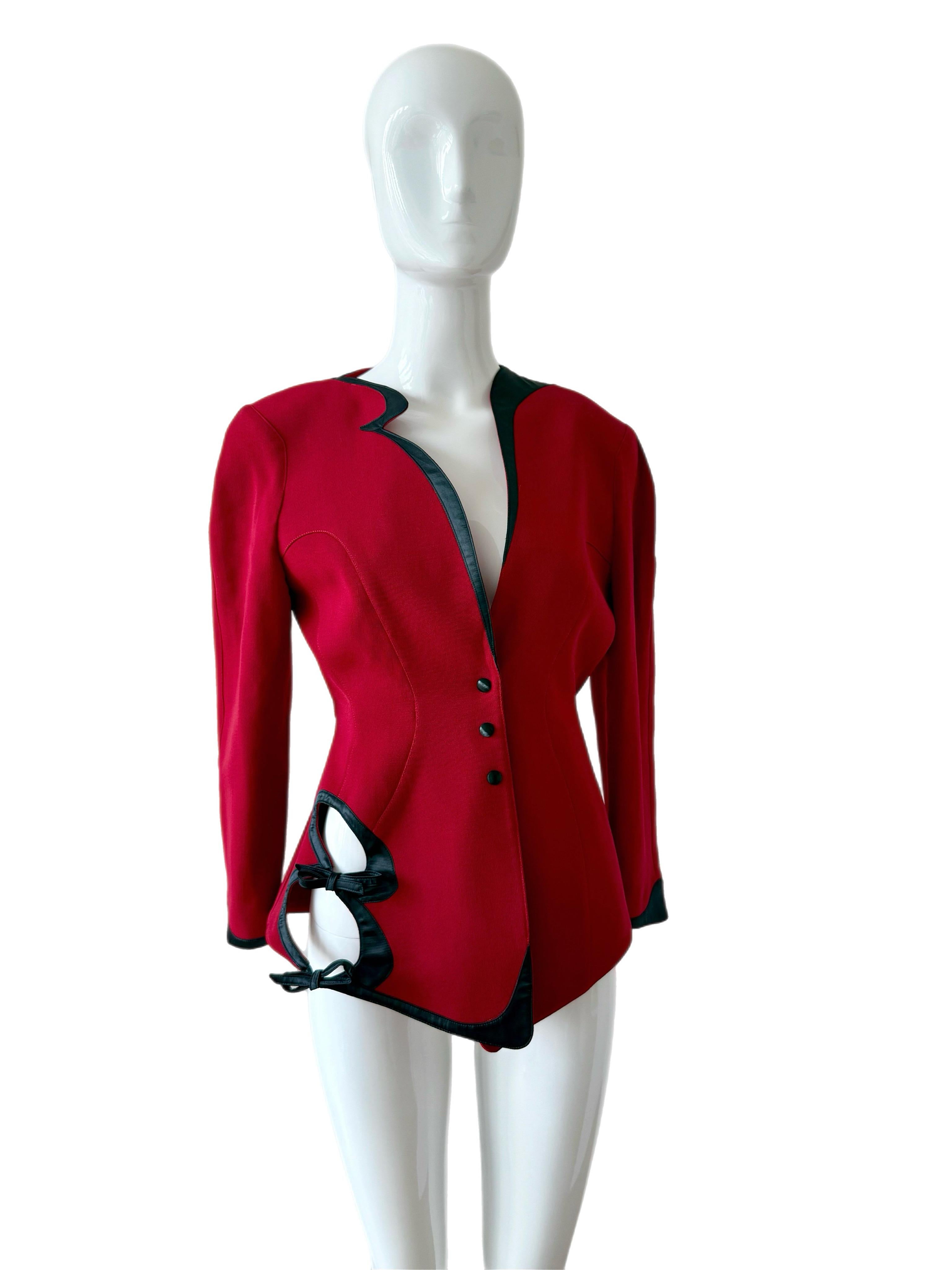 THIERRY MUGLER 80s/90s Vintage Cut-Out Skirt Suit Set Red + Black Cinched Waist In Excellent Condition For Sale In Leonardo, NJ