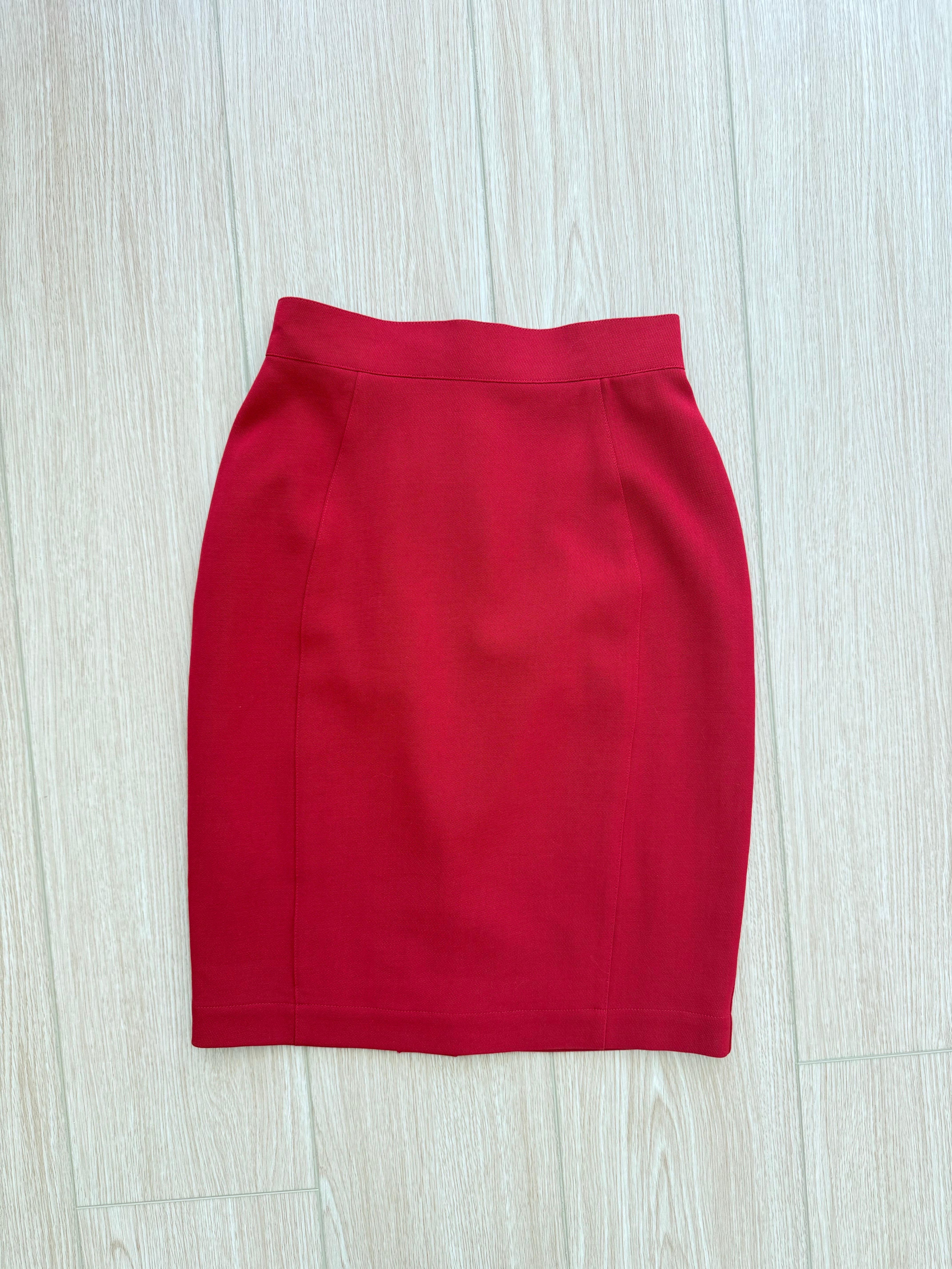 THIERRY MUGLER 80s/90s Vintage Cut-Out Skirt Suit Set Red + Black Cinched Waist For Sale 1