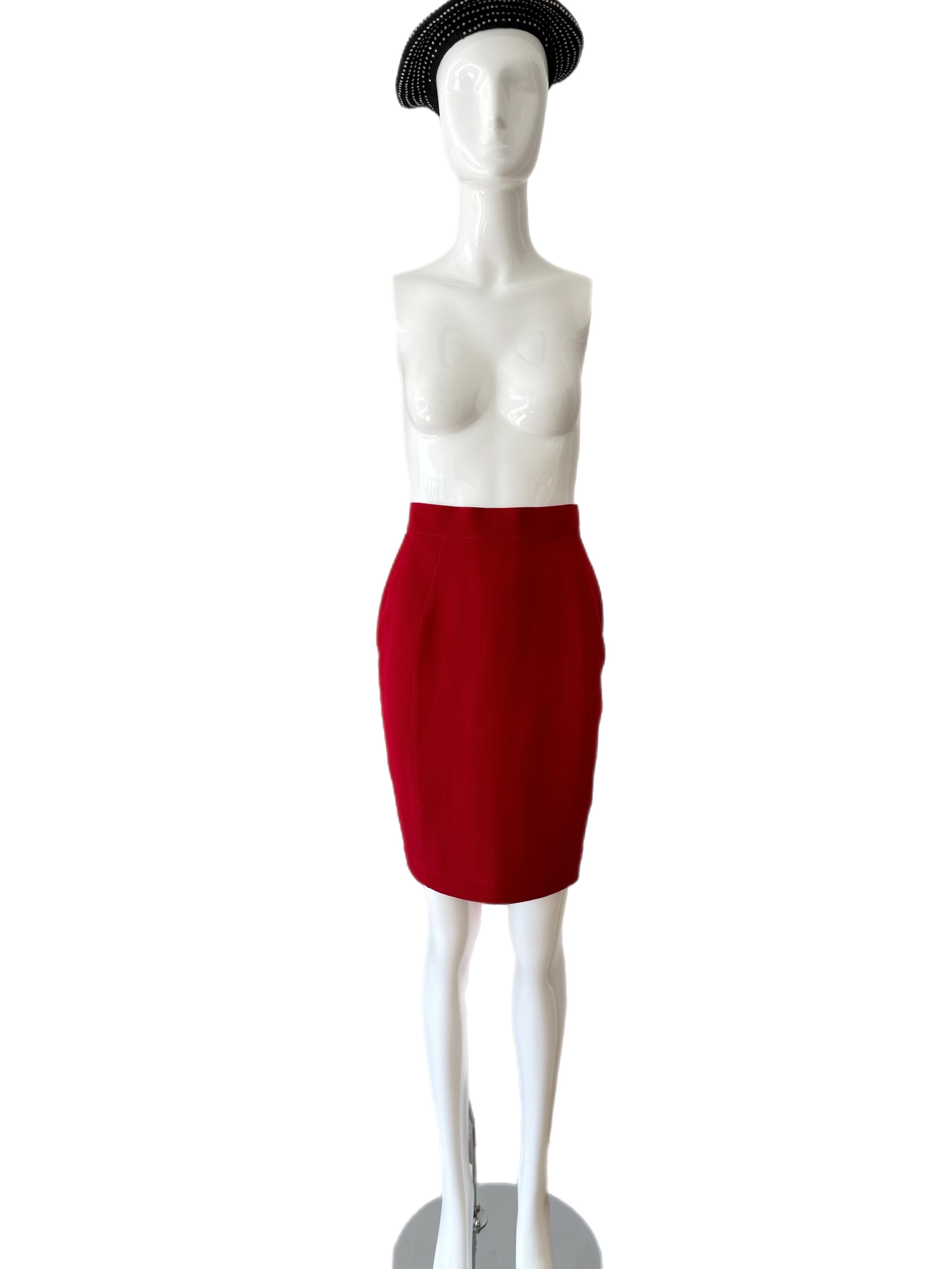 THIERRY MUGLER 80s/90s Vintage Cut-Out Skirt Suit Set Red + Black Cinched Waist For Sale 4