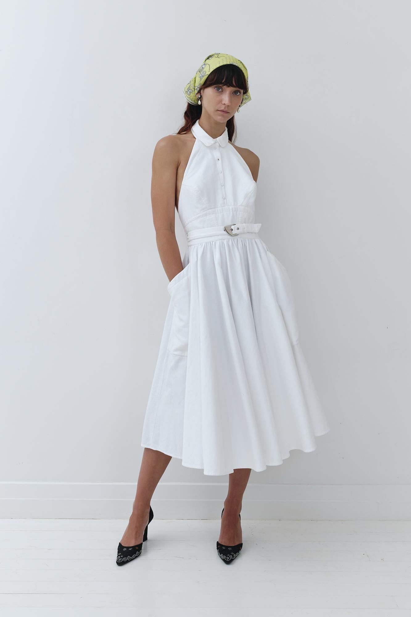 Thierry Mugler 80's Cotton Pique Backless Halter Dress In Excellent Condition For Sale In BELLEVUE HILL, NSW