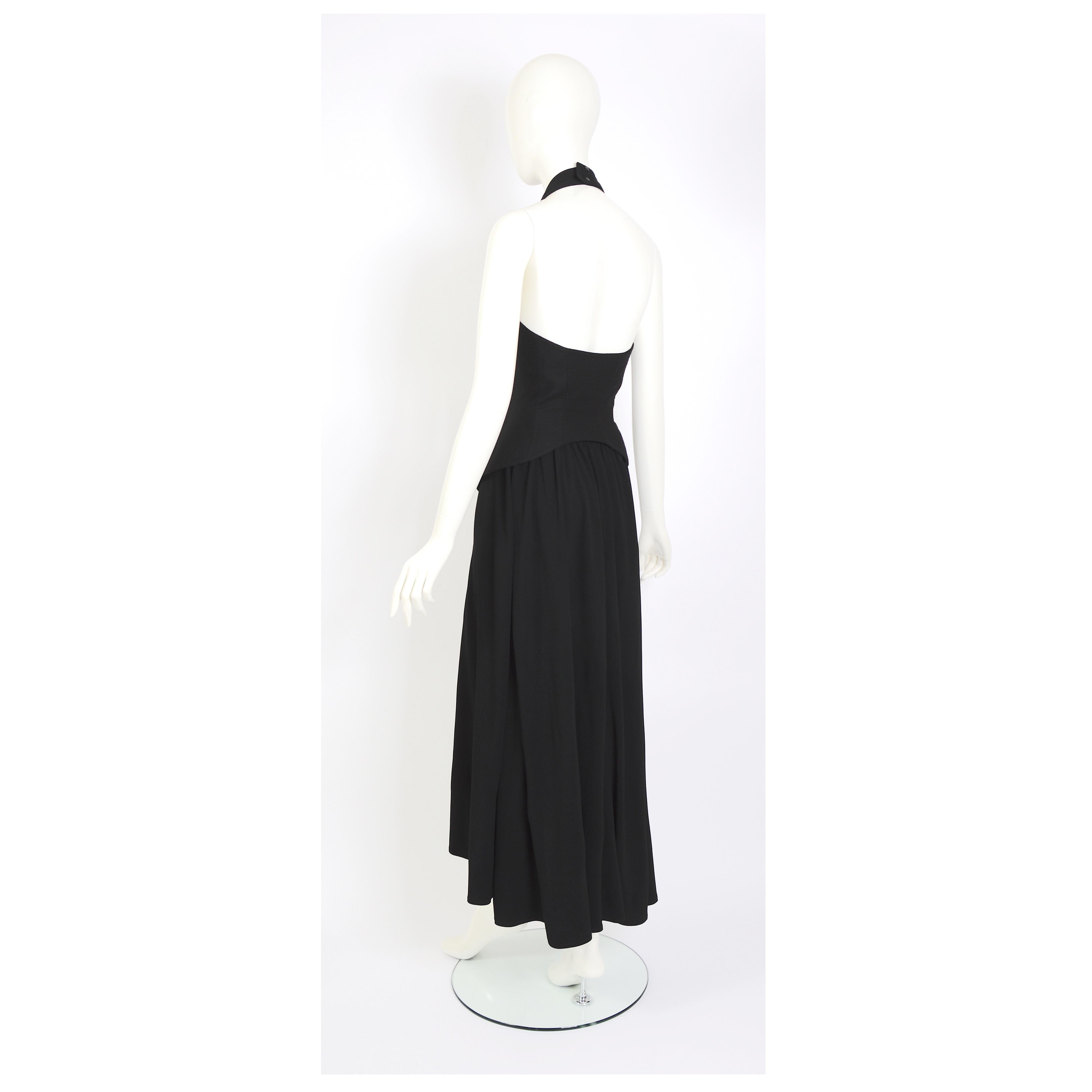 Thierry Mugler 80s vintage black skirt with attached signature belted halter top For Sale 1