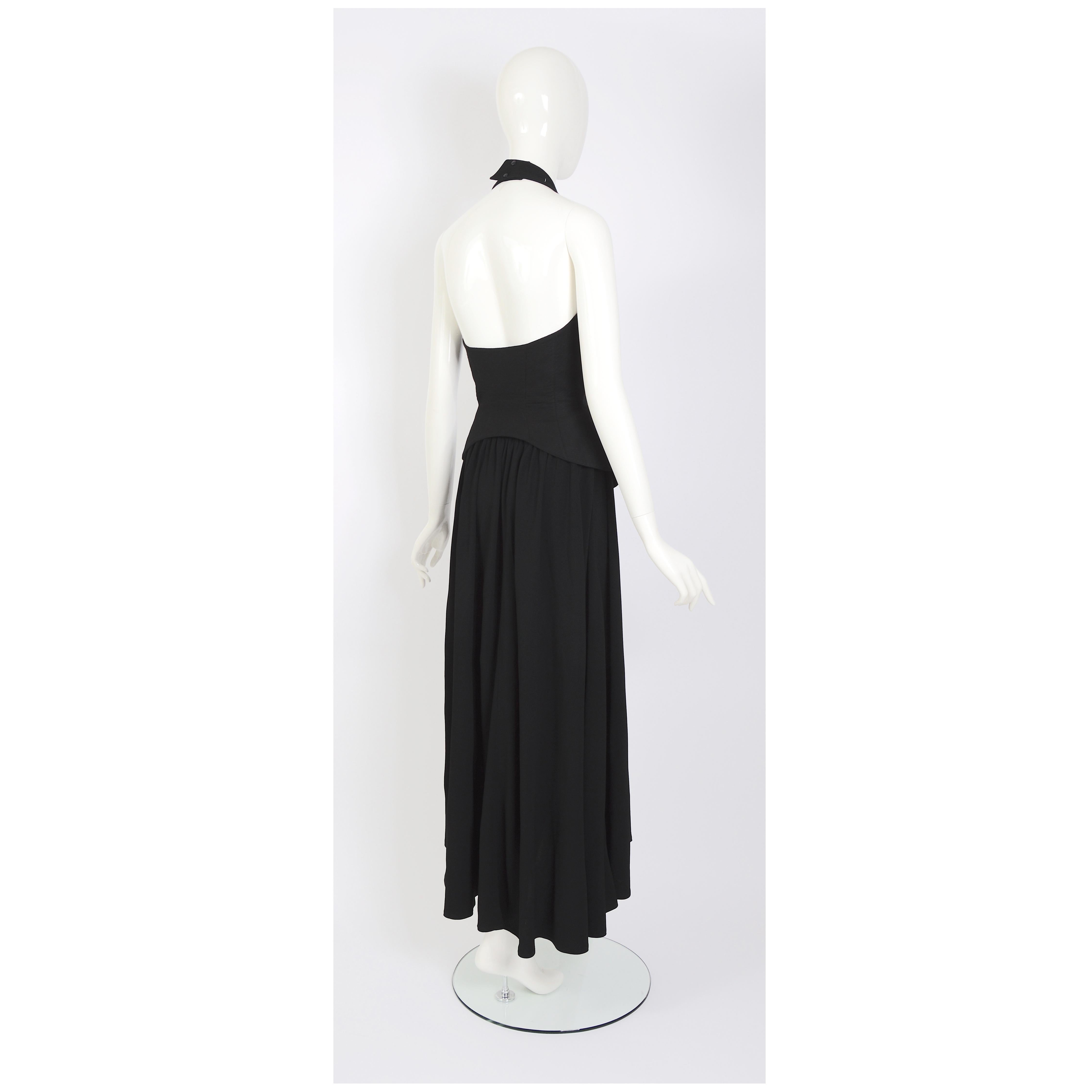 Thierry Mugler 80s vintage black skirt with attached signature belted halter top For Sale 2