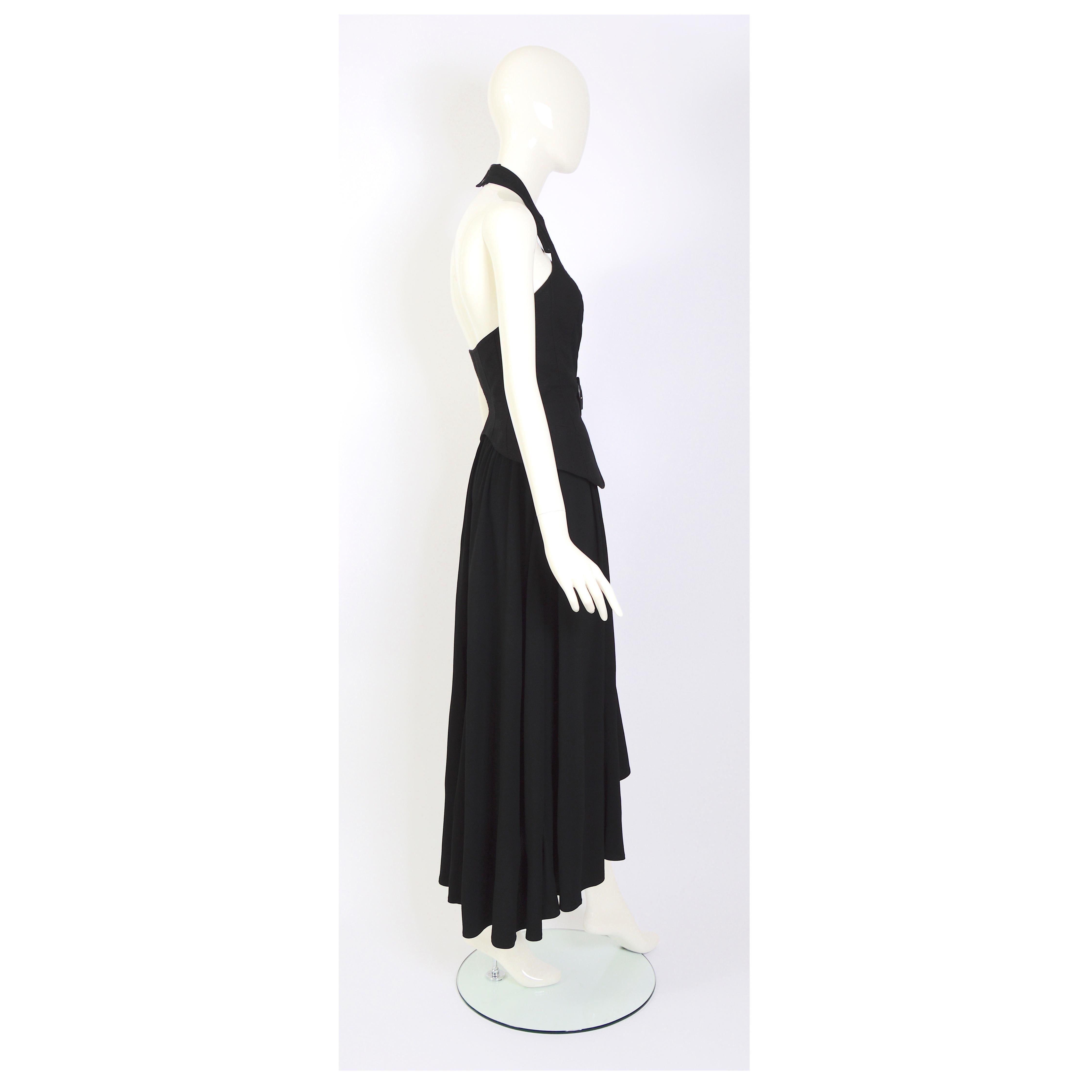 Thierry Mugler 80s vintage black skirt with attached signature belted halter top For Sale 3