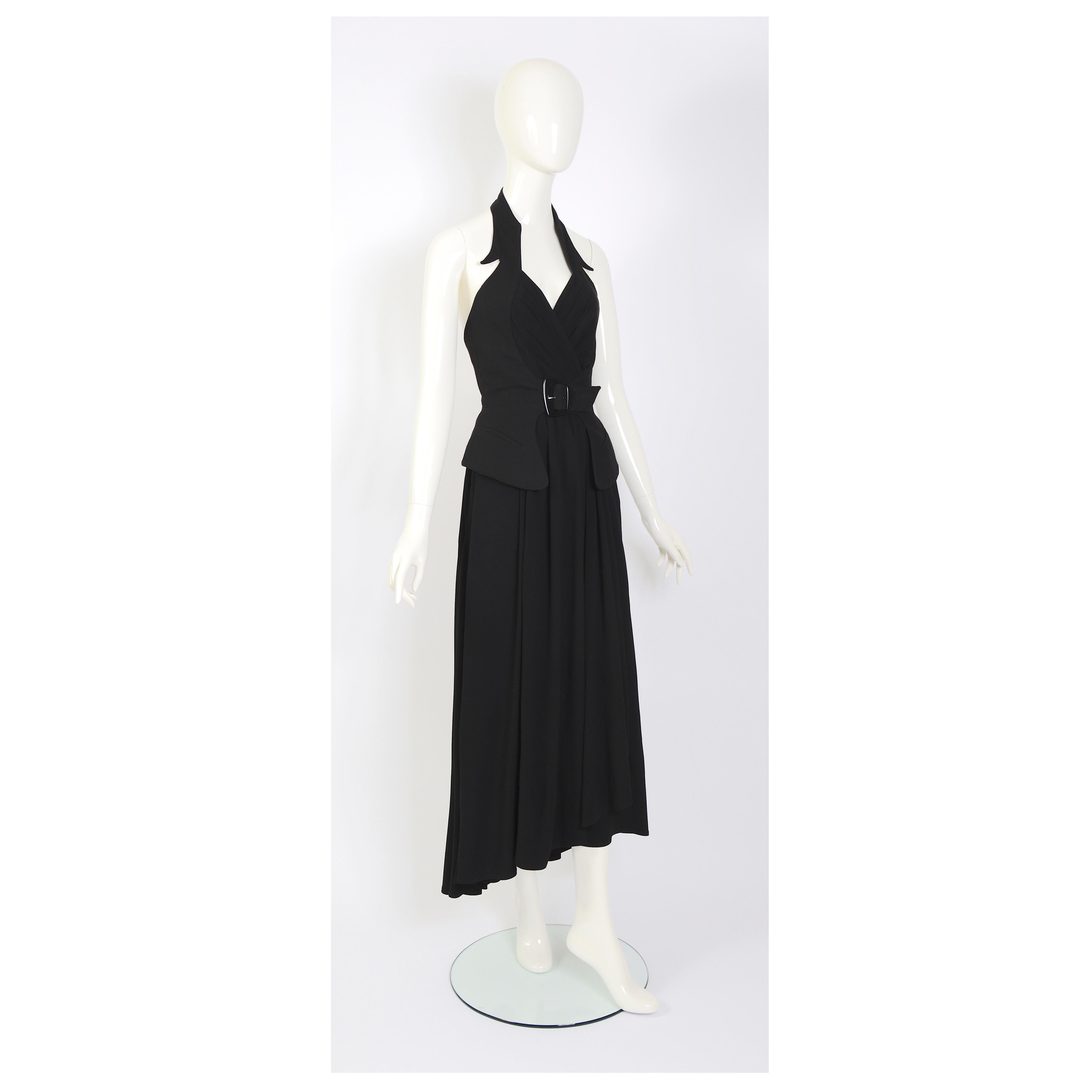 Thierry Mugler 80s vintage black skirt with attached signature belted halter top For Sale 4