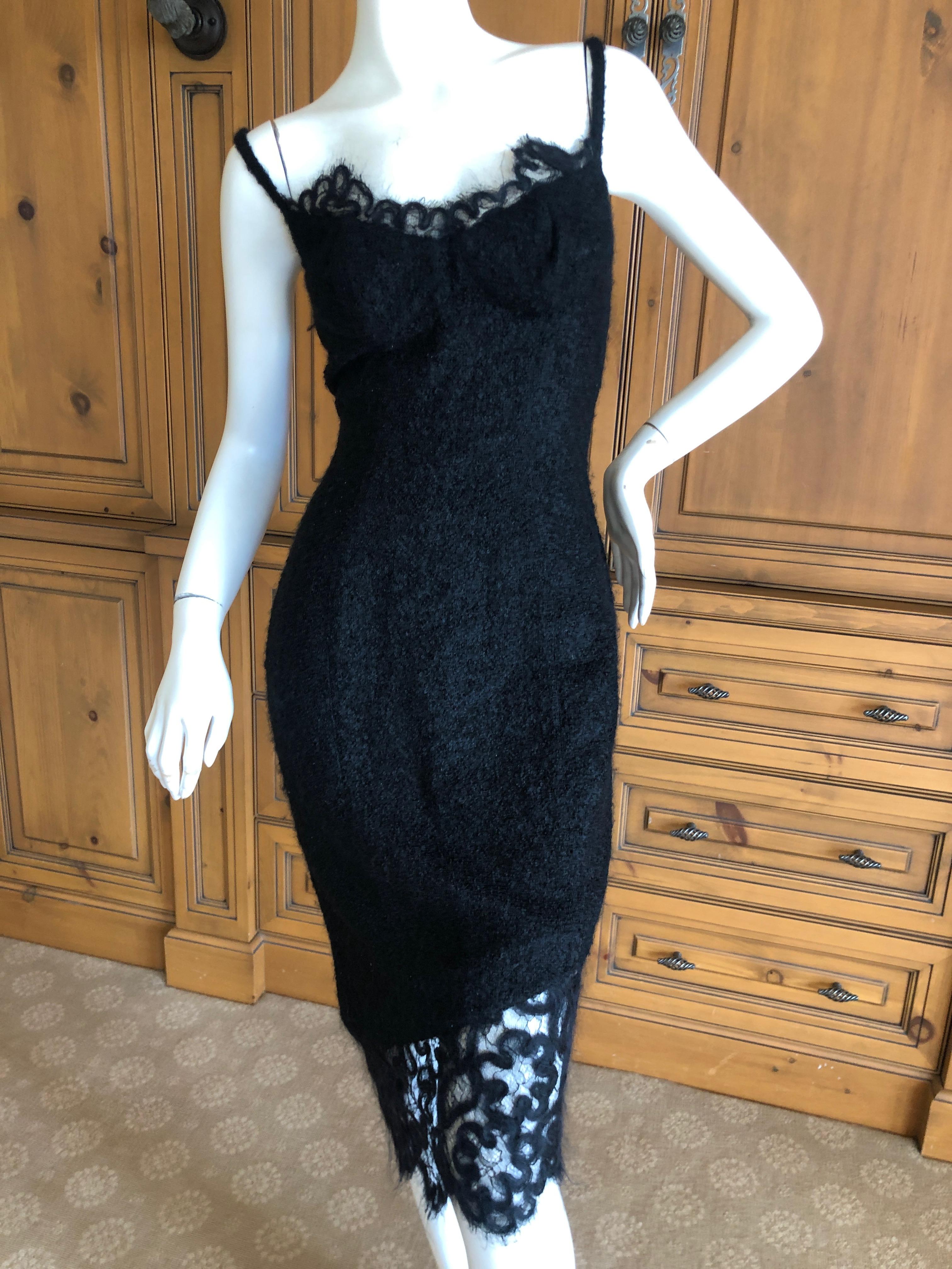 Thierry Mugler 90's Black Mohair Boucle Lace Trimmed Cocktail Dress NWT In New Condition For Sale In Cloverdale, CA