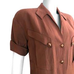 Thierry Mugler Activ - Rare 1980s Vintage Dress -Tobacco Linen - Copper Buttons