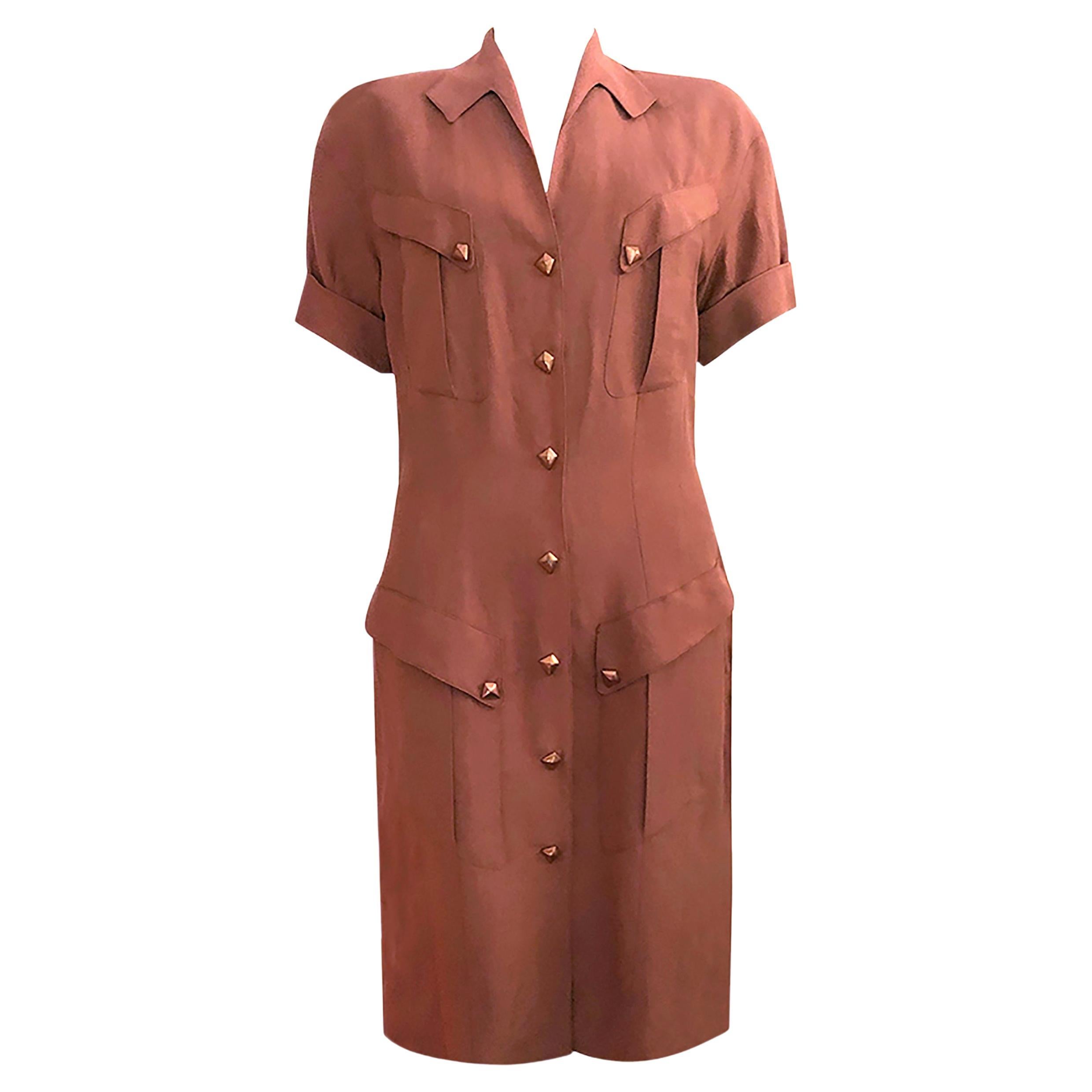Thierry Mugler Active - Rare 1980 Vintage Dress -Tobacco Linen - Copper Buttons