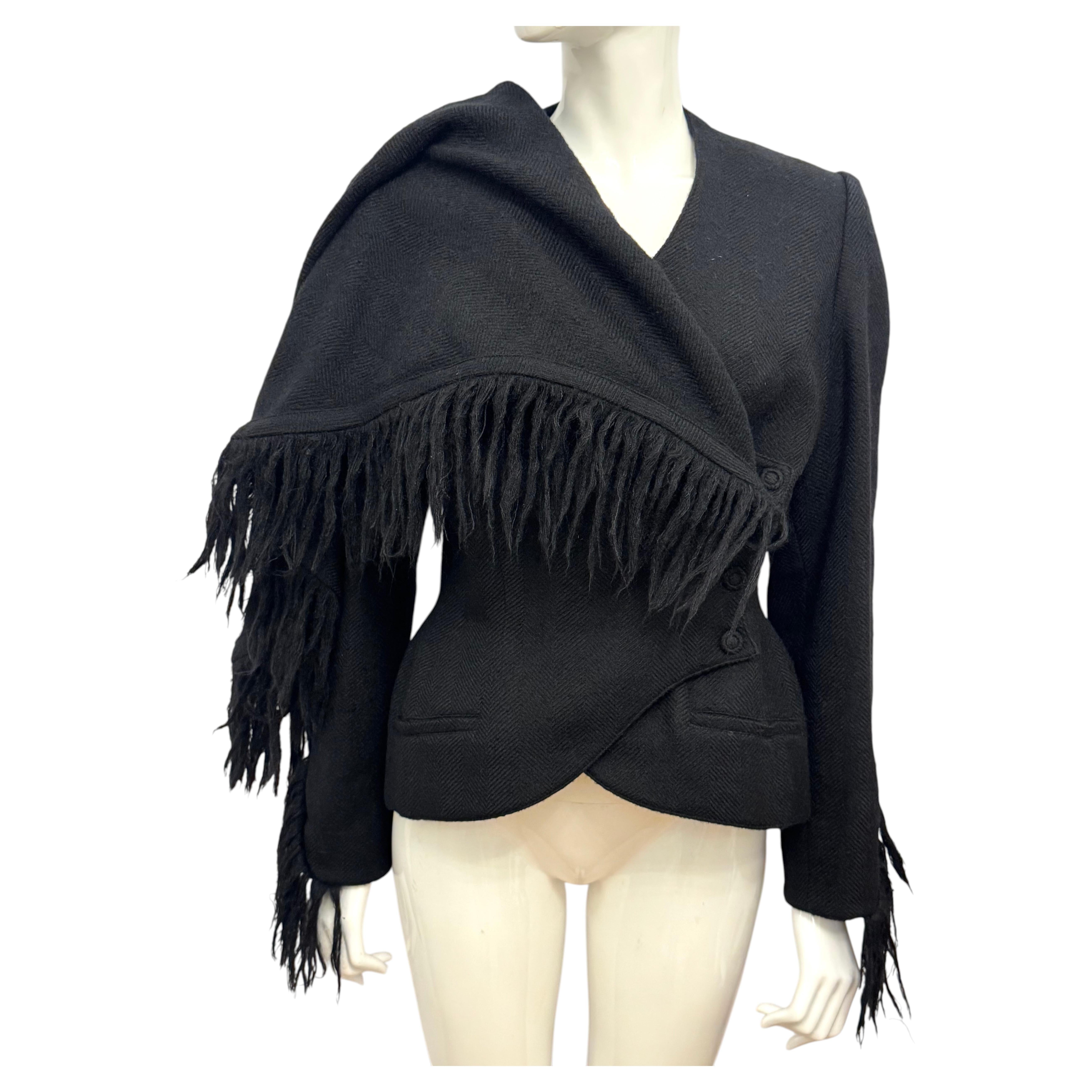 Thierry mugler Archival 1999 black mohair and wool fringe scarf jacket