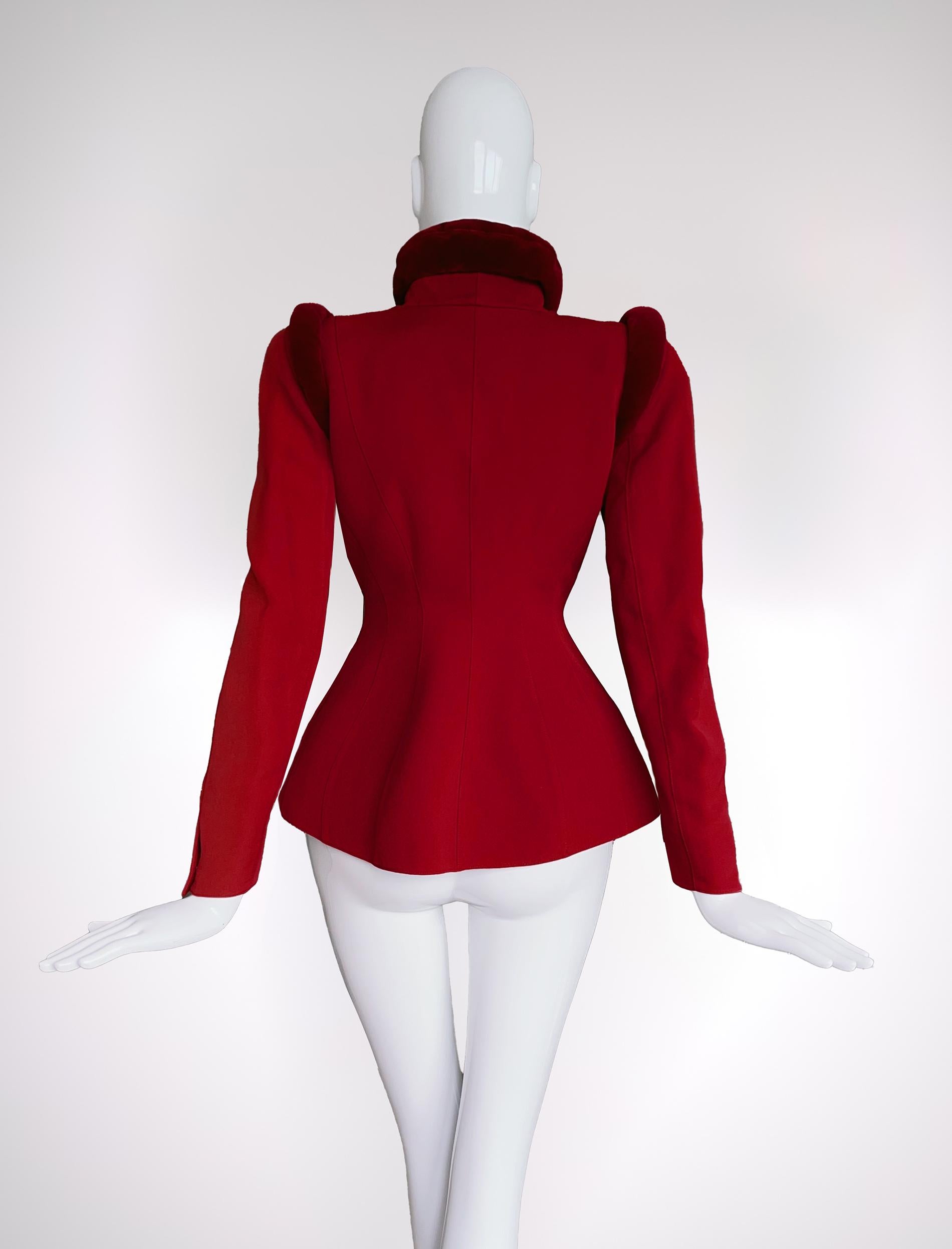 Women's Thierry Mugler Archival FW 1997 Jacket Dramatic Sculptural Velvet Red For Sale