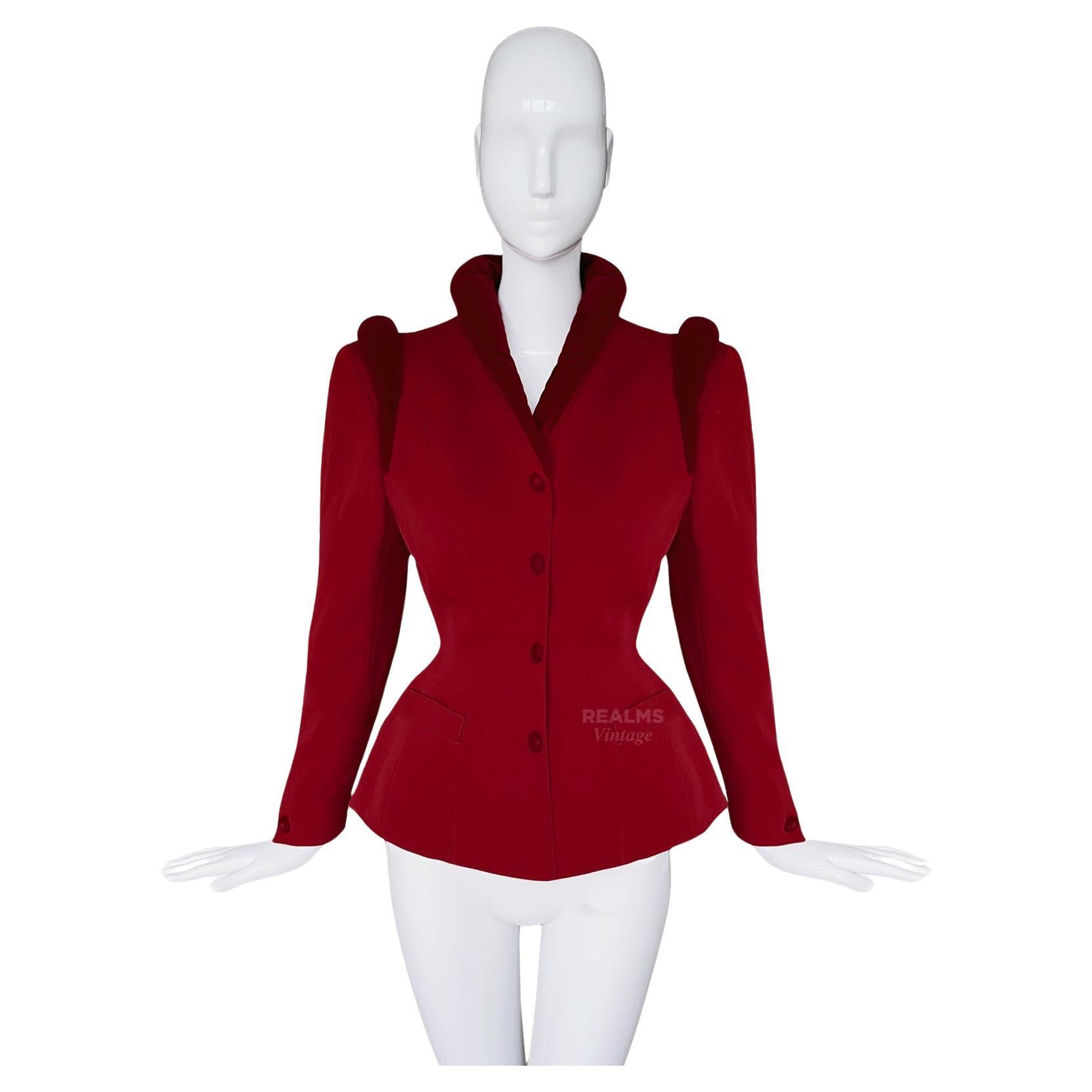 Thierry Mugler Archival FW 1997 Jacket Dramatic Sculptural Velvet Red For Sale