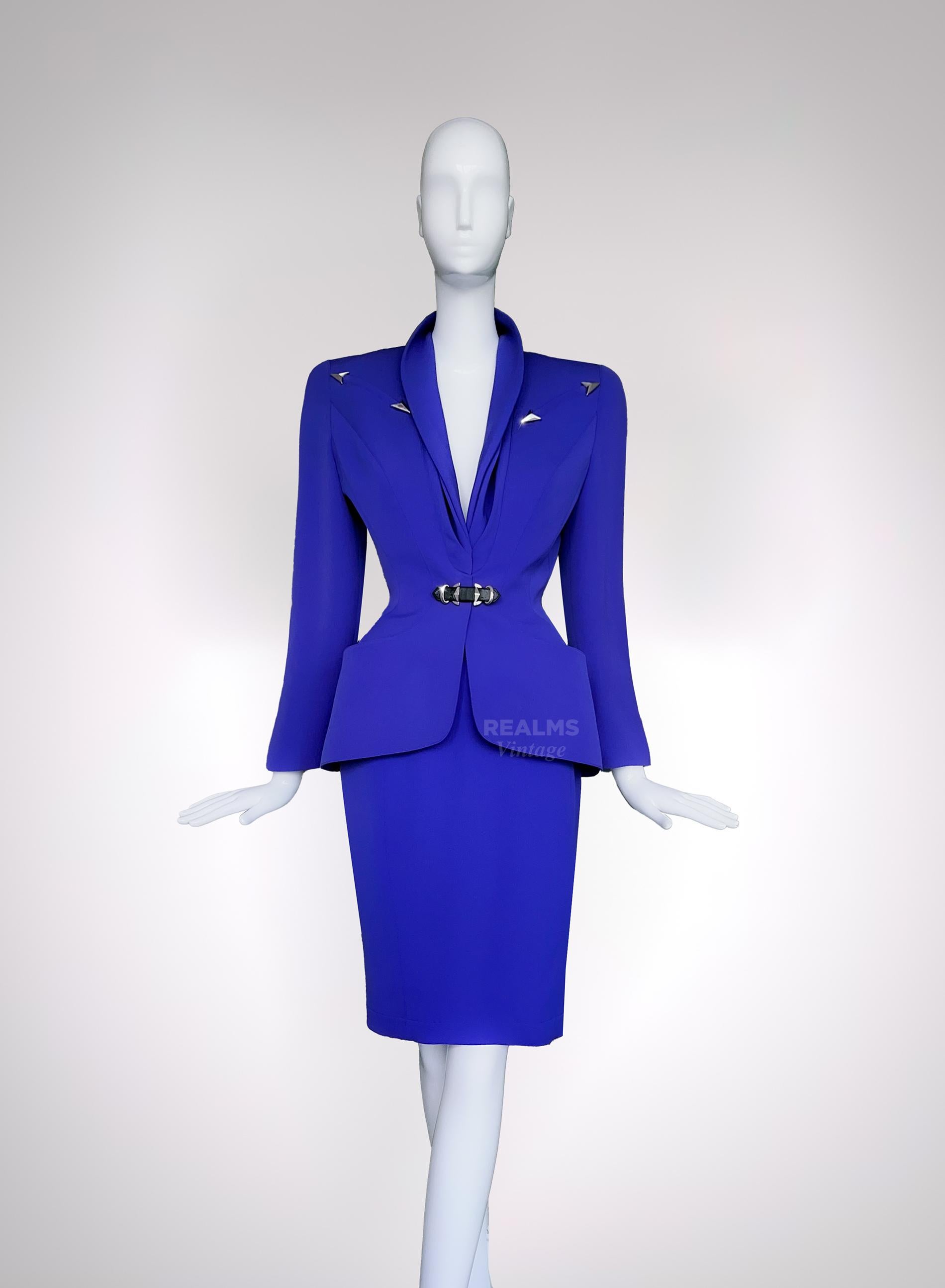 Thierry Mugler Archival FW 1996 Skirt Suit Blue Metal Arrows Jacket Skirt For Sale 9