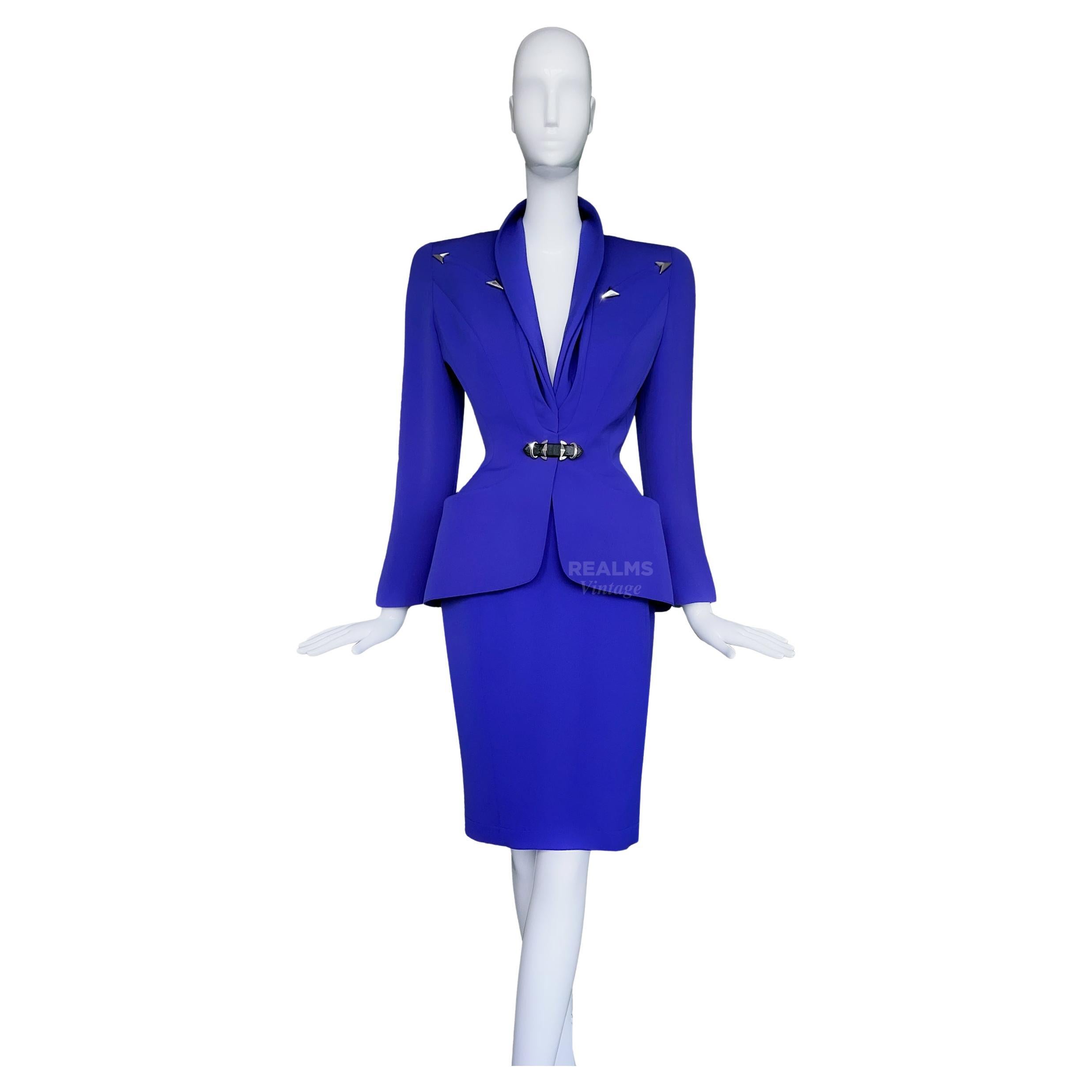 Thierry Mugler Archival FW 1996 Skirt Suit Blue Metal Arrows Jacket Skirt For Sale