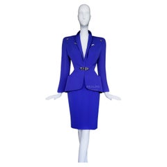 Thierry Mugler tailleur jupe d'archives bleu métallique veste à flèches
