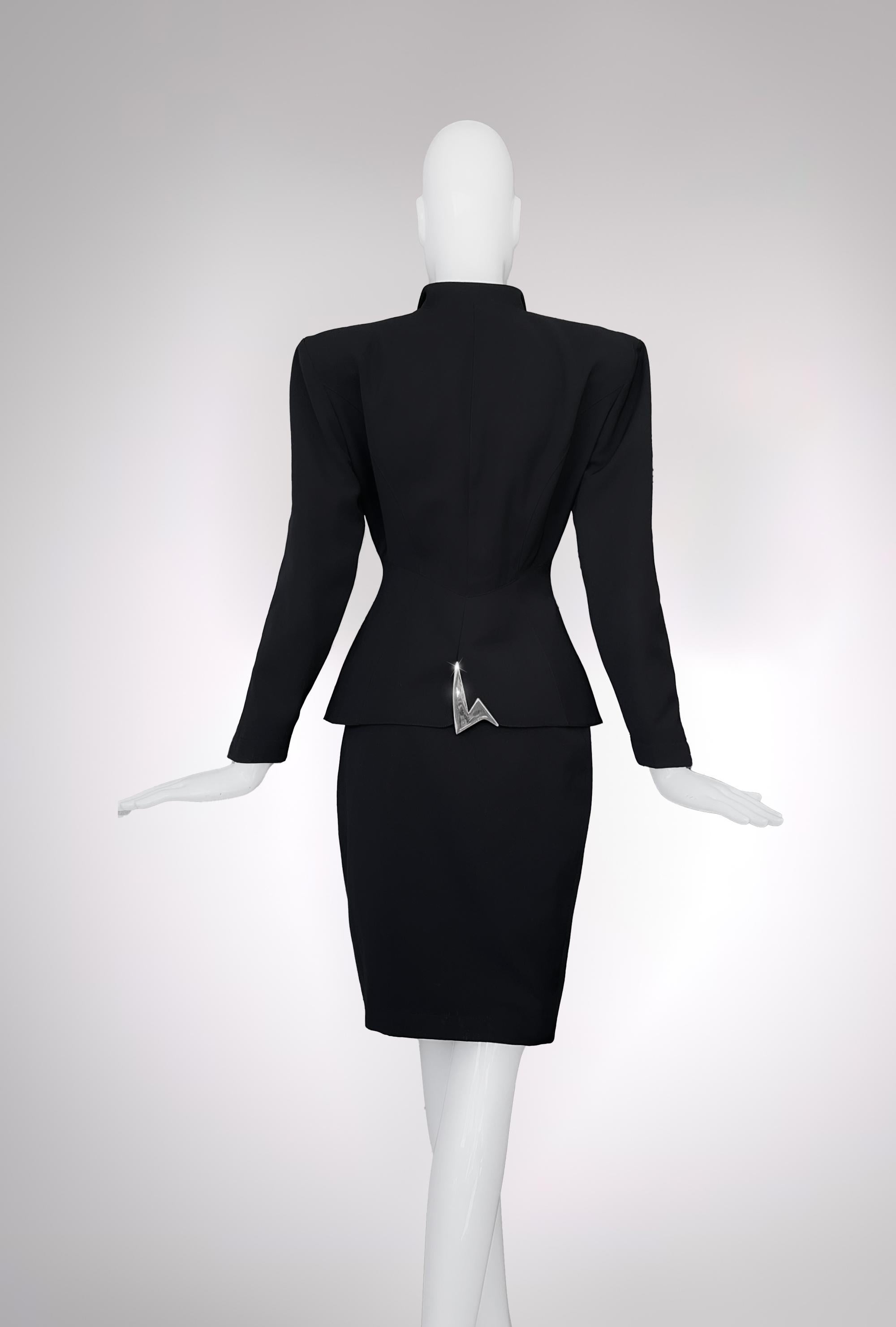 Women's Thierry Mugler Archival SS 1991 Skirt Suit Silver Metal Lightning Bolts For Sale