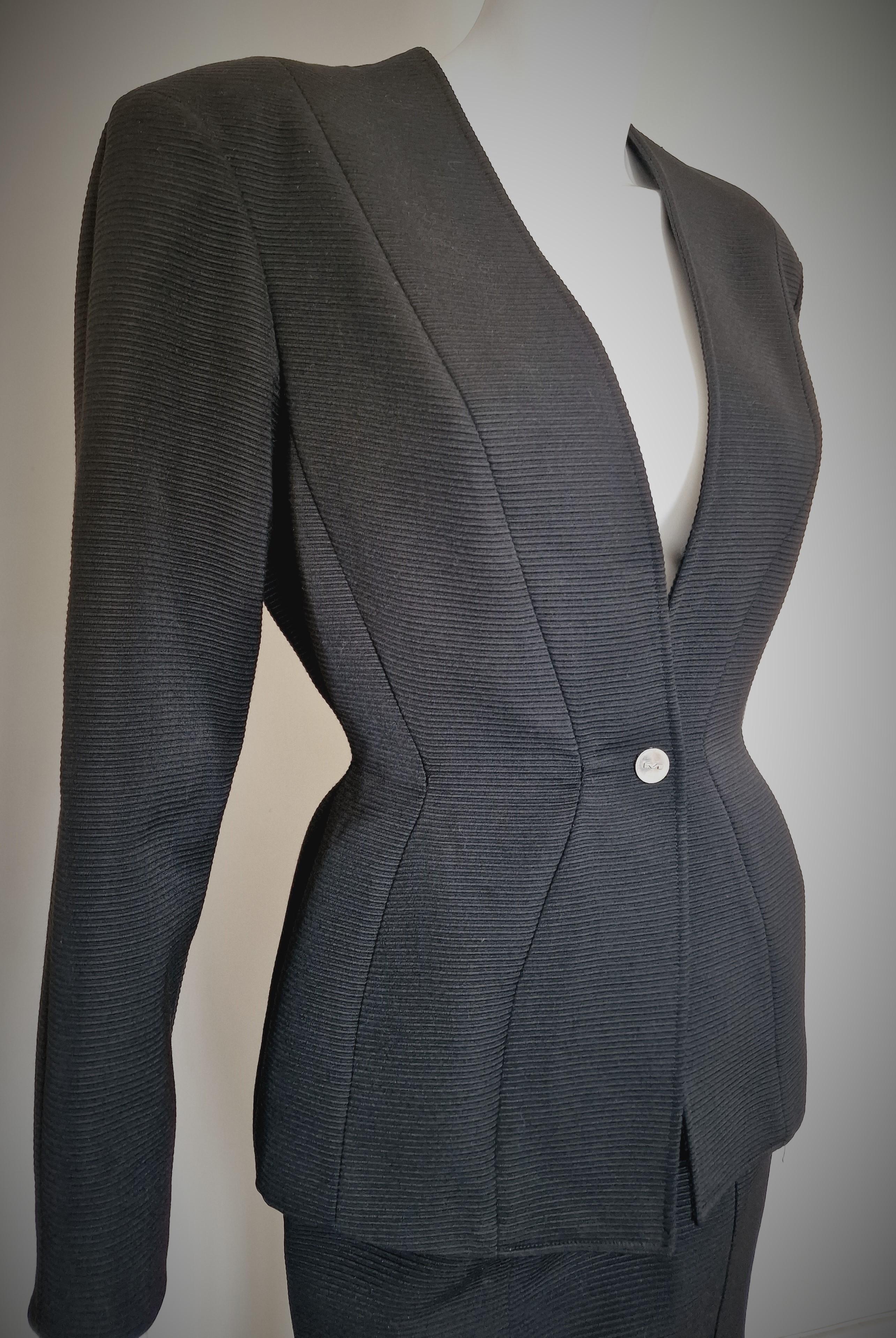 Thierry Mugler Bee Wasp Waist Black Couture Medium Ensemble Blazer Skirt Suit 9