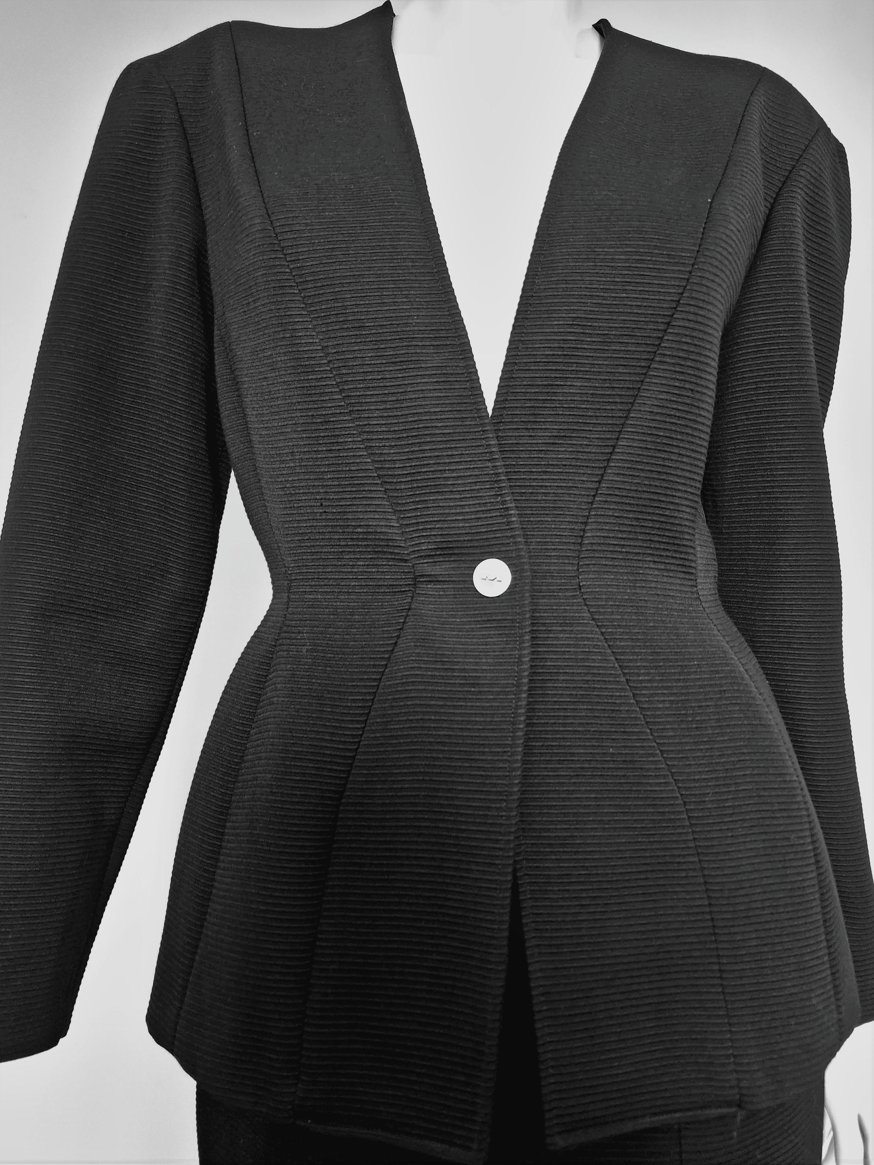Thierry Mugler Bee Wasp Waist Black Couture Medium Ensemble Blazer Skirt Suit In Excellent Condition In PARIS, FR