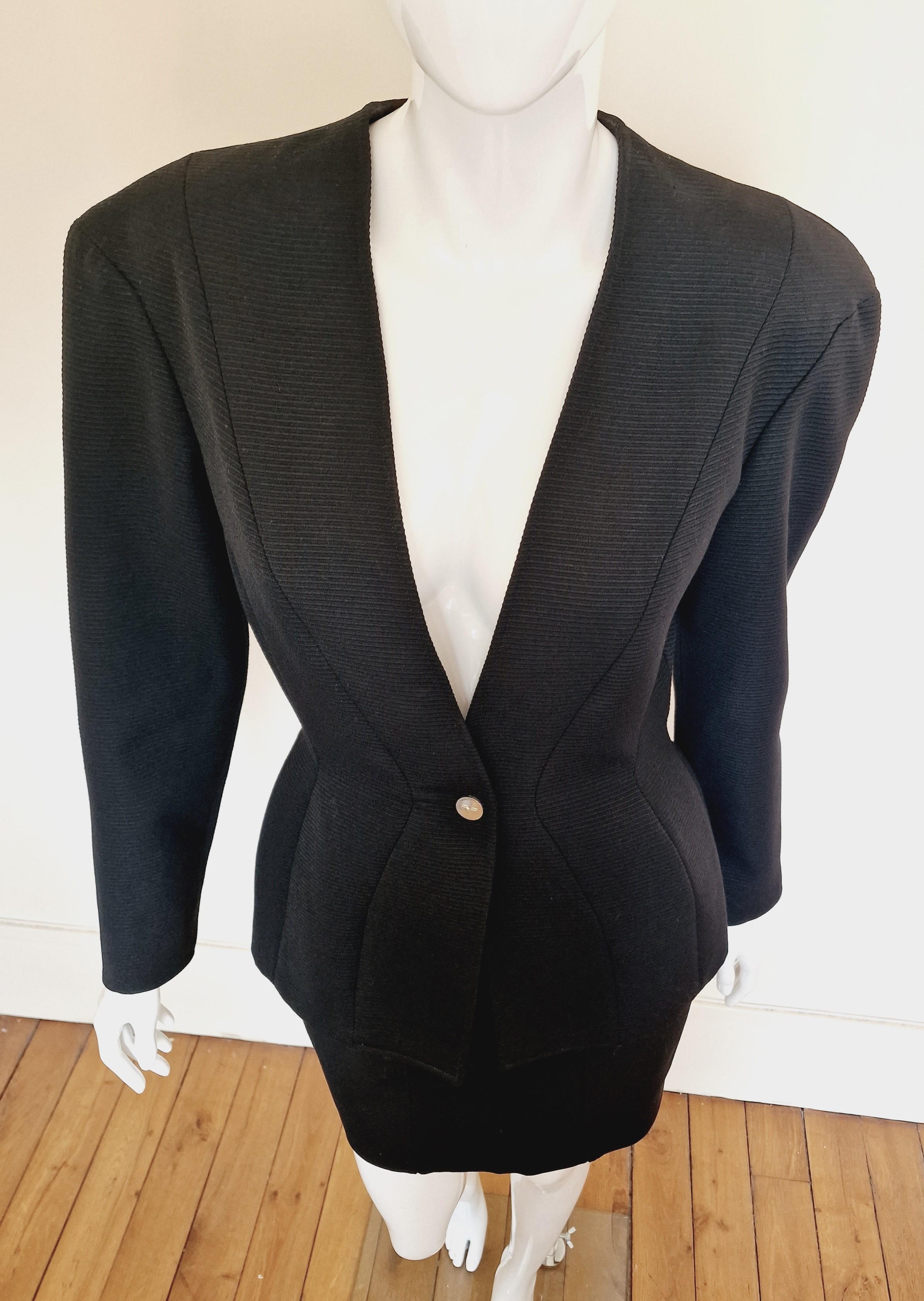 Women's Thierry Mugler Bee Wasp Waist Black Couture Medium Ensemble Blazer Skirt Suit