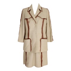 Thierry Mugler Beige Linen Skirt Suit Dress 1980s Safari Model Brown Insert