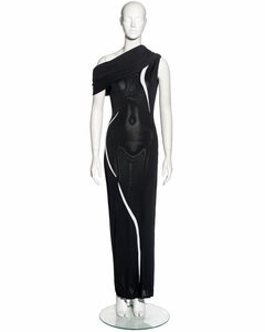 Thierry Mugler black and white rayon knitted off-shoulder evening dress, ss 1999