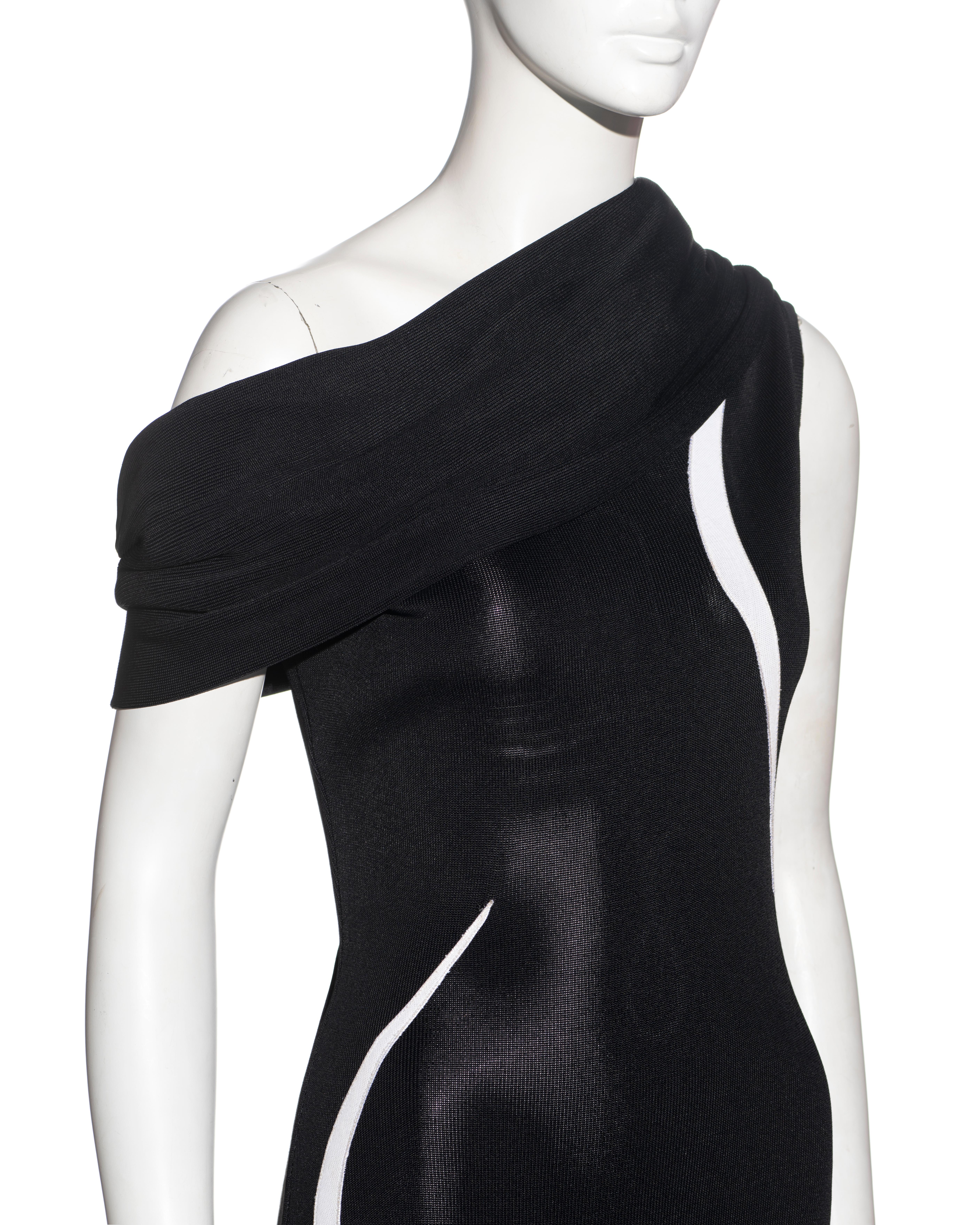 Thierry Mugler black and white rayon knitted off-shoulder evening dress, ss 1999 In Excellent Condition For Sale In London, GB