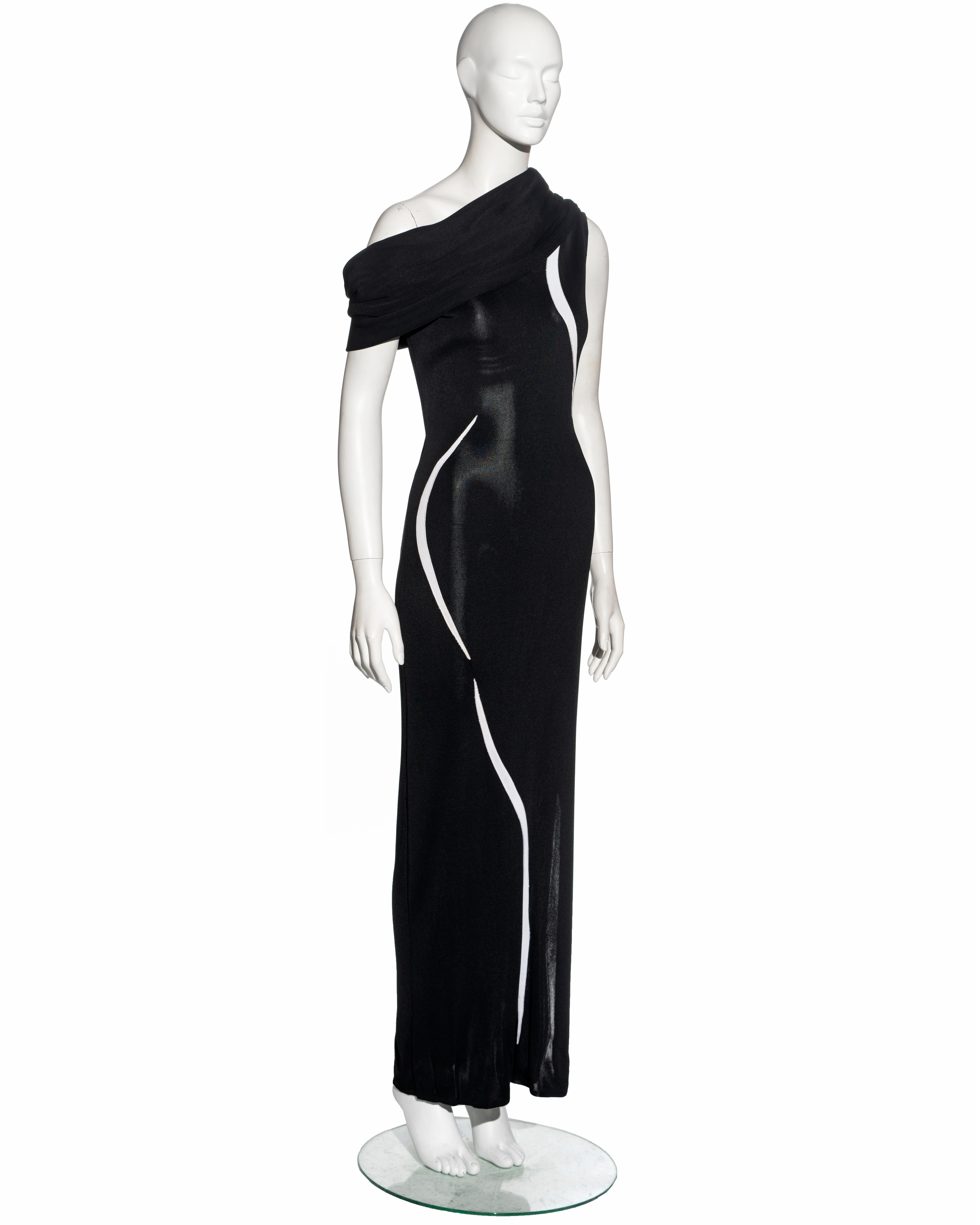 Women's Thierry Mugler black and white rayon knitted off-shoulder evening dress, ss 1999 For Sale