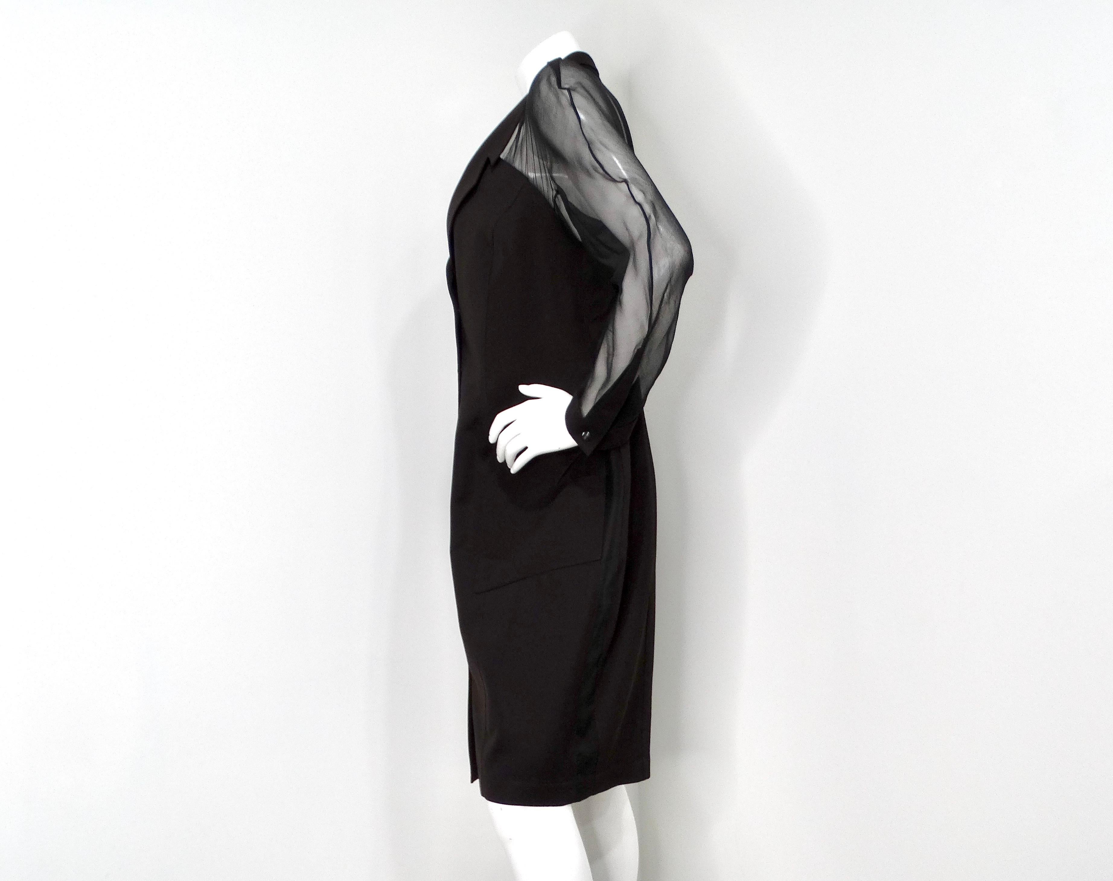 Thierry Mugler Robe boutonnée noire avec manches en soie circa 1990 en vente 2