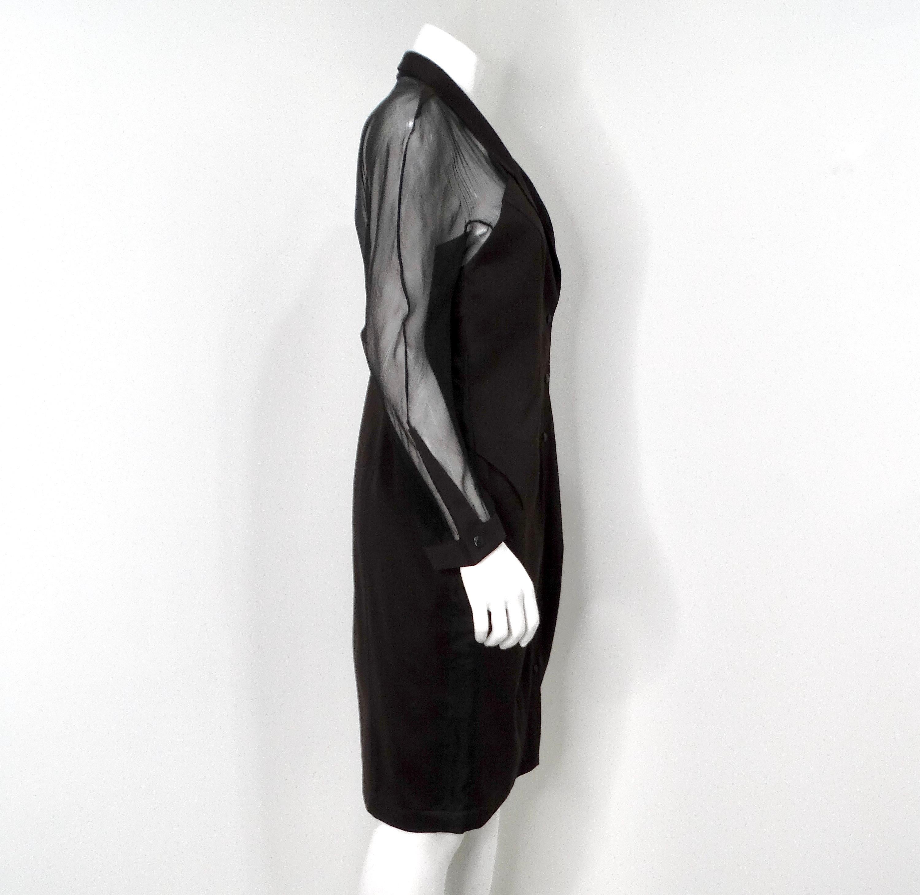 Thierry Mugler Robe boutonnée noire avec manches en soie circa 1990 en vente 4