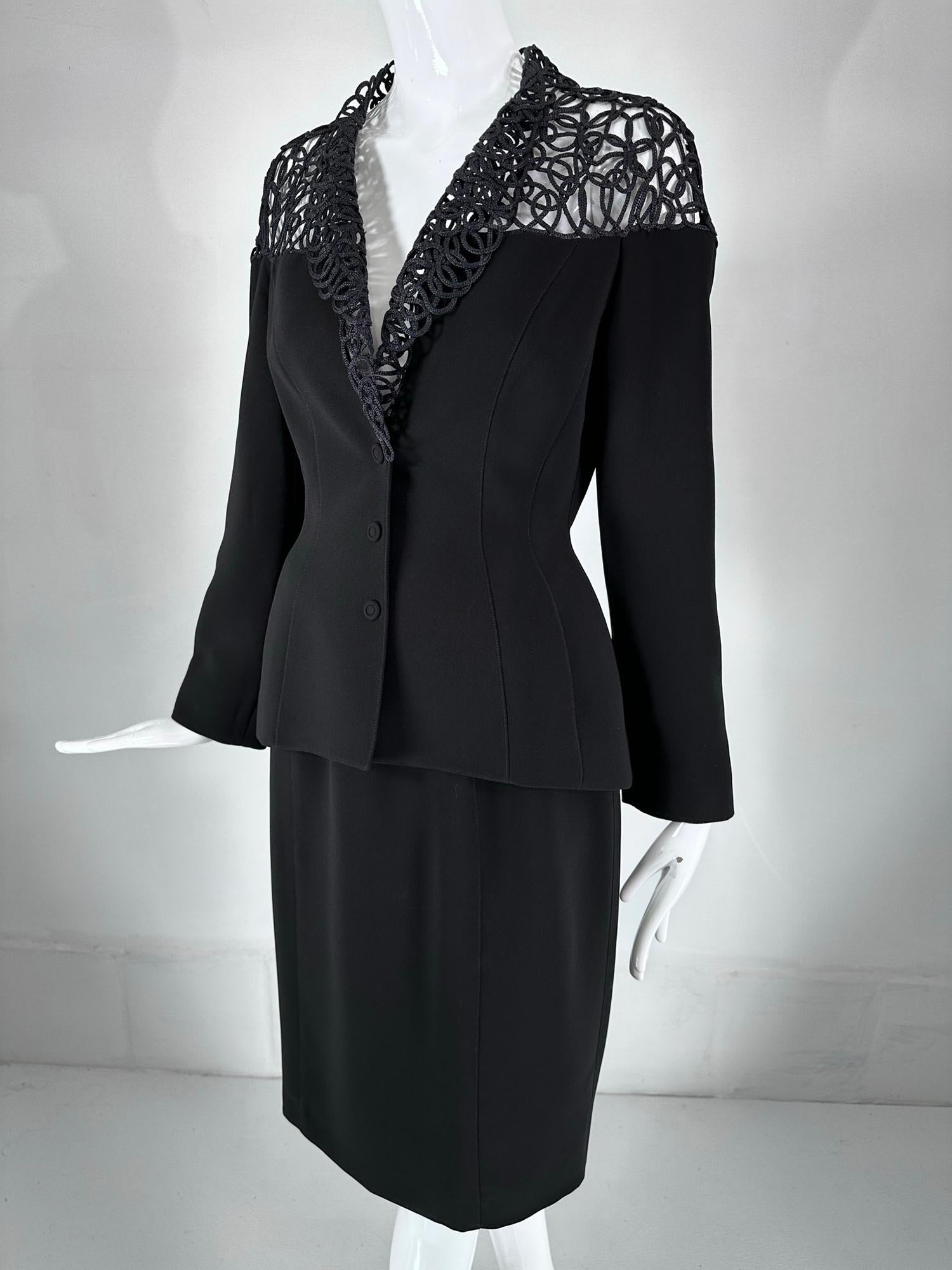 Thierry Mugler Black Cord Lace Hourglass Jacket & Skirt Set  1980s  40 For Sale 5