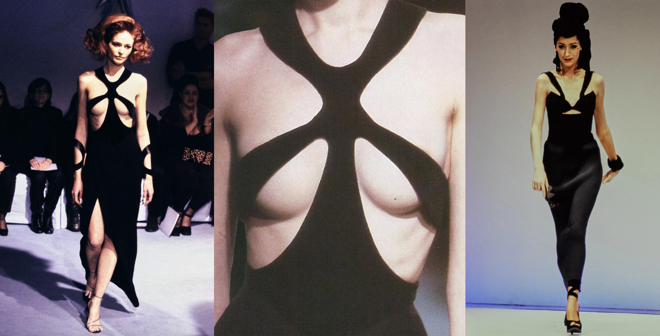 De las mujeres Thierry Mugler Vestido Negro FW 1992 Recortes de Encaje Cocktail en venta