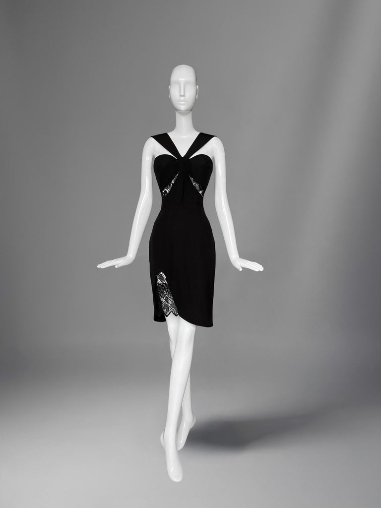thierry mugler cocktail dress 1980S THIERRY MUGLER Black Silk & Wool Tuxedo Styled Cocktail Dress With Vinyl Collar