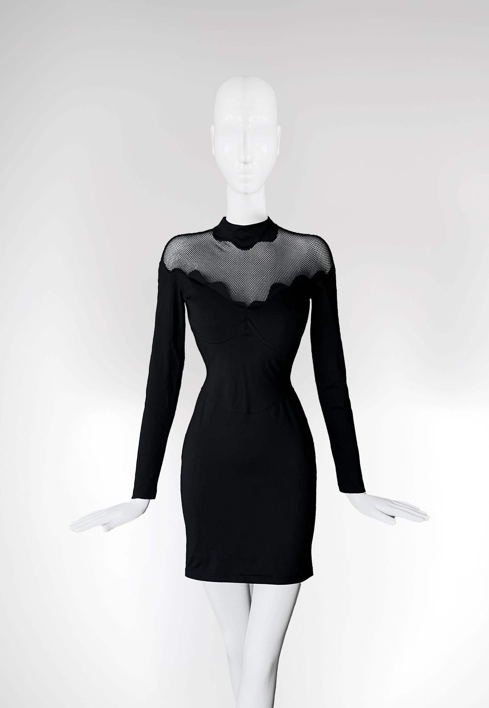 Thierry Mugler Black Lace Dress 1992 Dramatic Sculptural Sexy For Sale 1